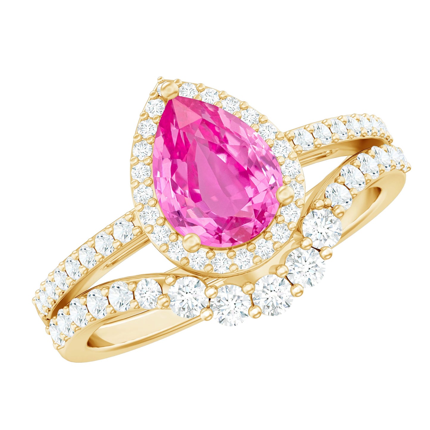 Pear Created Pink Sapphire Teardrop Ring Set with Moissanite Band