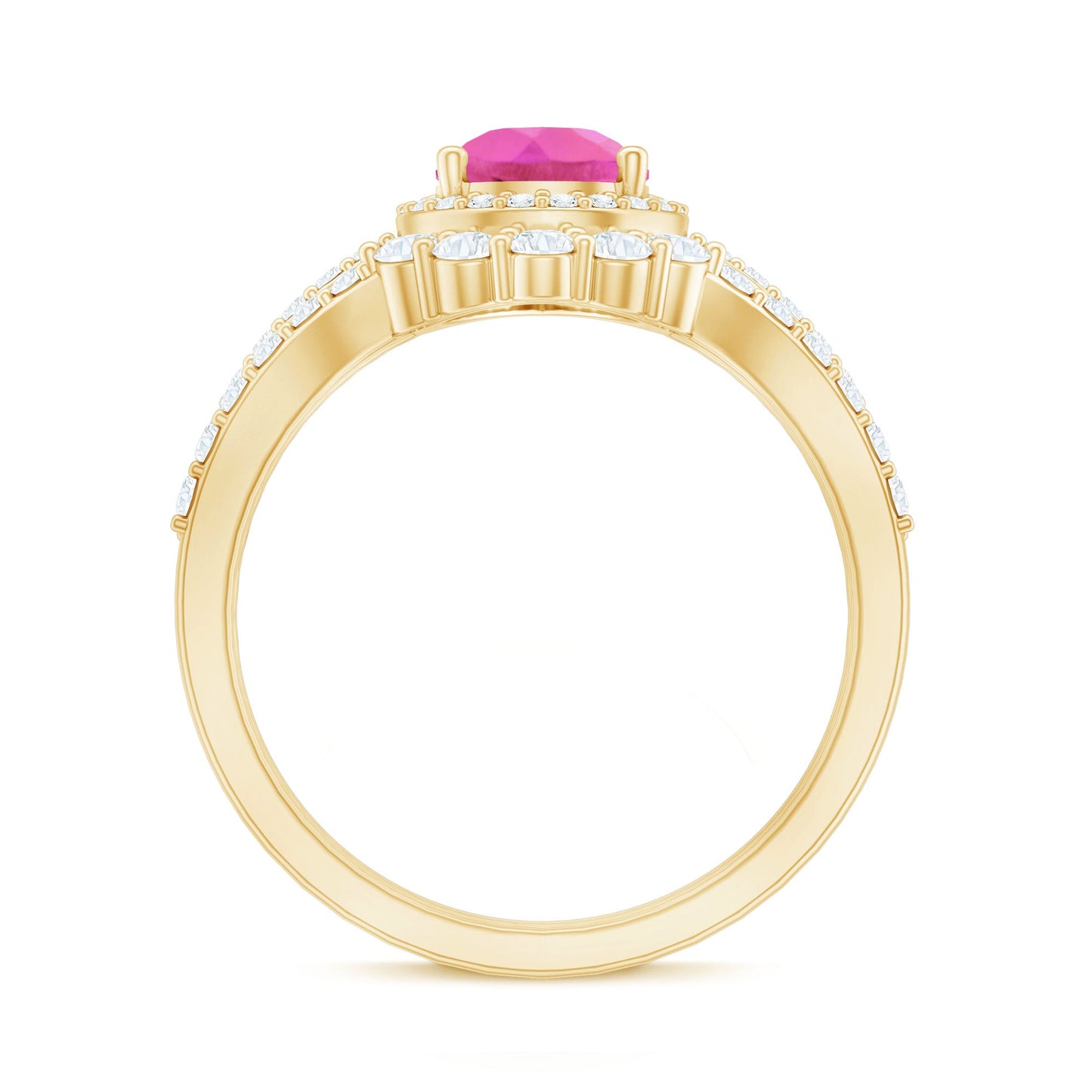 Pear Created Pink Sapphire Teardrop Ring Set with Moissanite Band