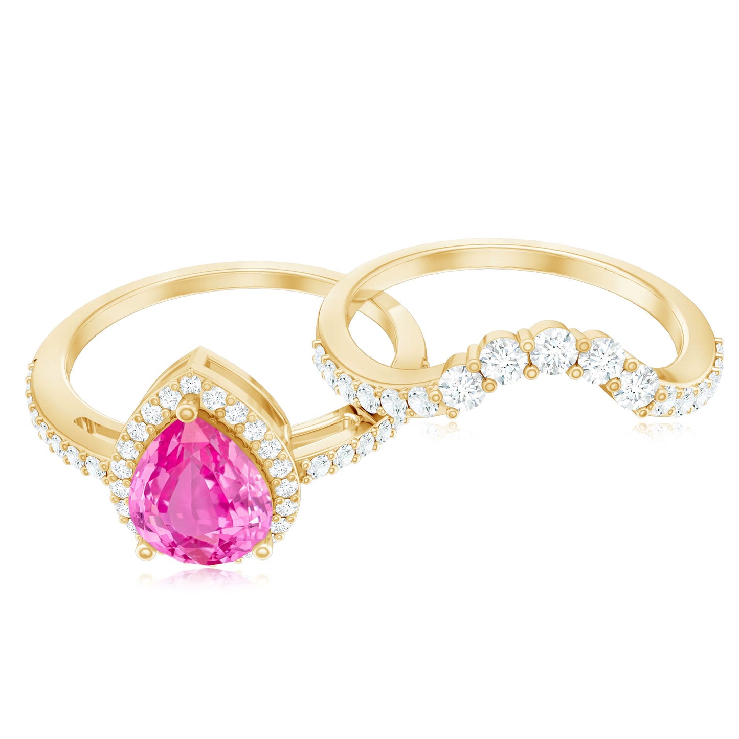 Pear Created Pink Sapphire Teardrop Ring Set with Moissanite Band