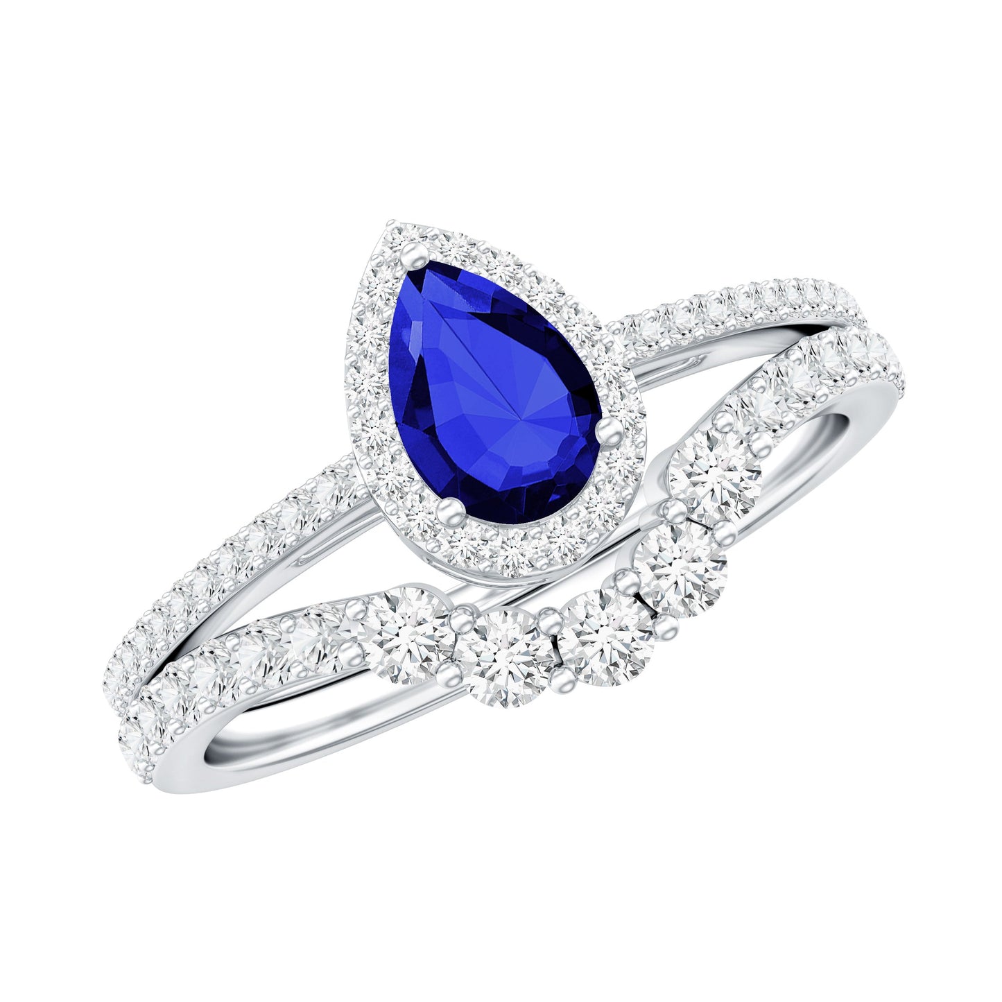 Certified Lab Grown Blue Sapphire Diamond Pear Shaped Engagement Ring Set