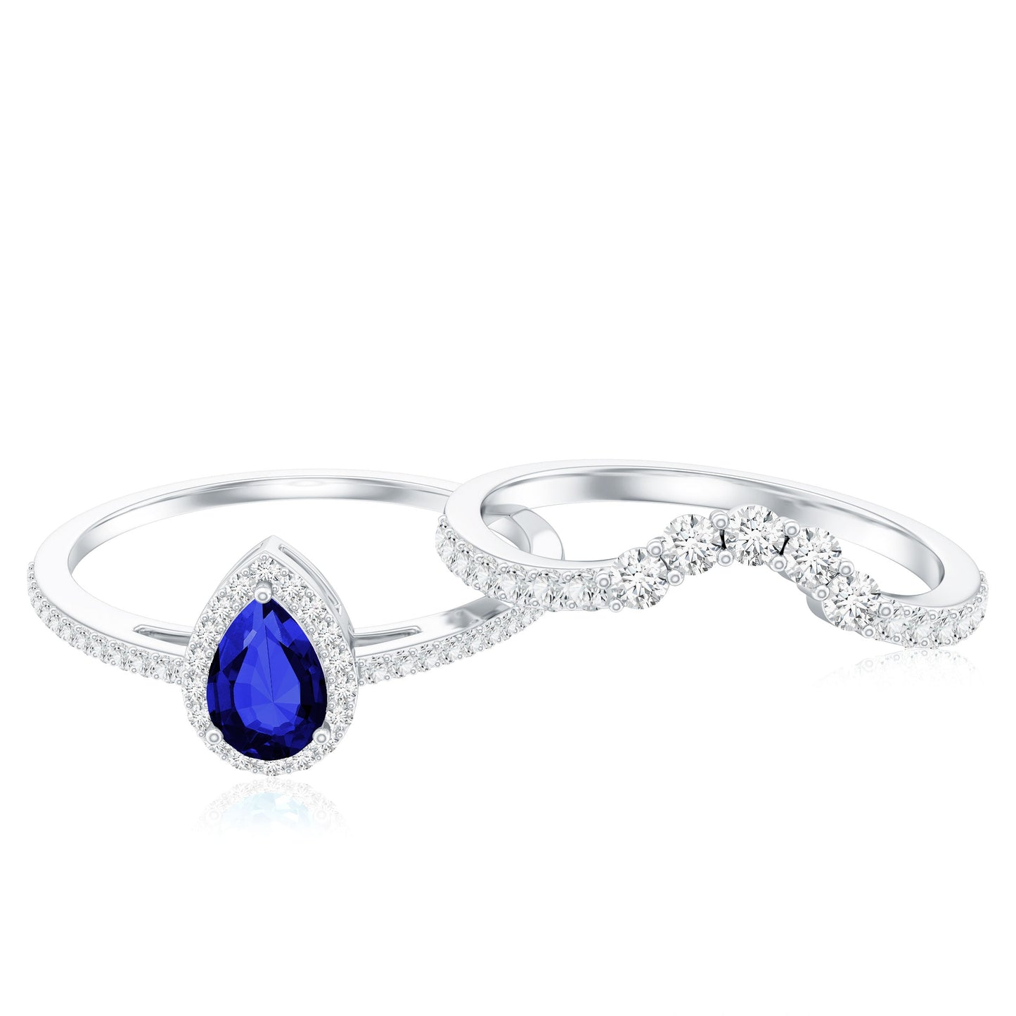 Certified Lab Grown Blue Sapphire Diamond Pear Shaped Engagement Ring Set