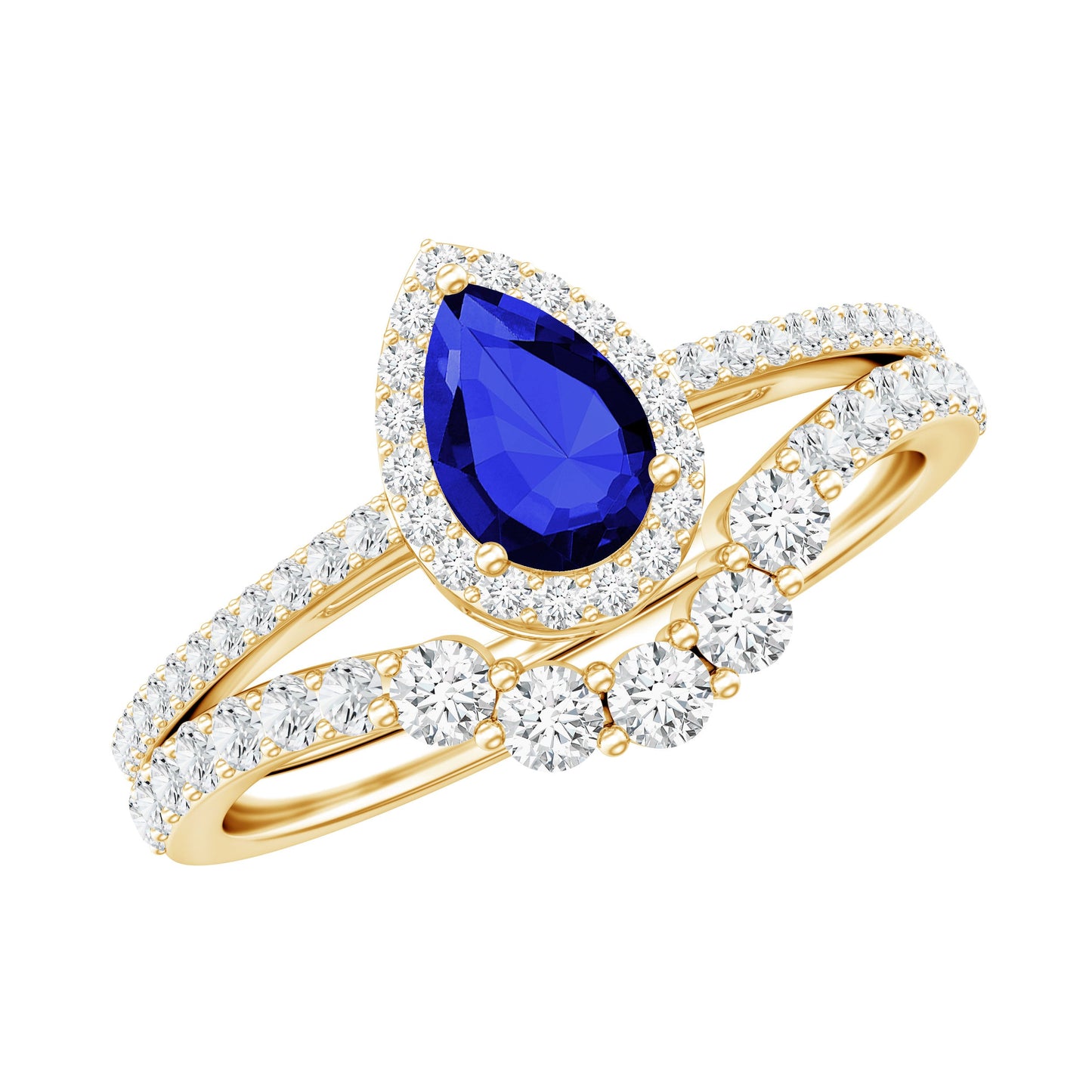 Certified Lab Grown Blue Sapphire Diamond Pear Shaped Engagement Ring Set