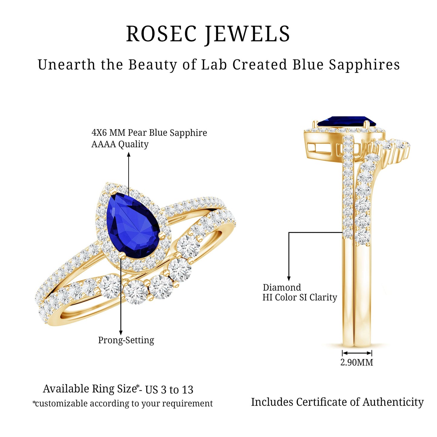 Certified Lab Grown Blue Sapphire Diamond Pear Shaped Engagement Ring Set