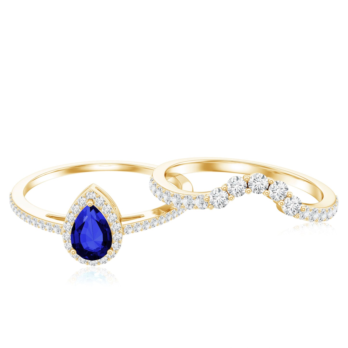 Certified Lab Grown Blue Sapphire Diamond Pear Shaped Engagement Ring Set