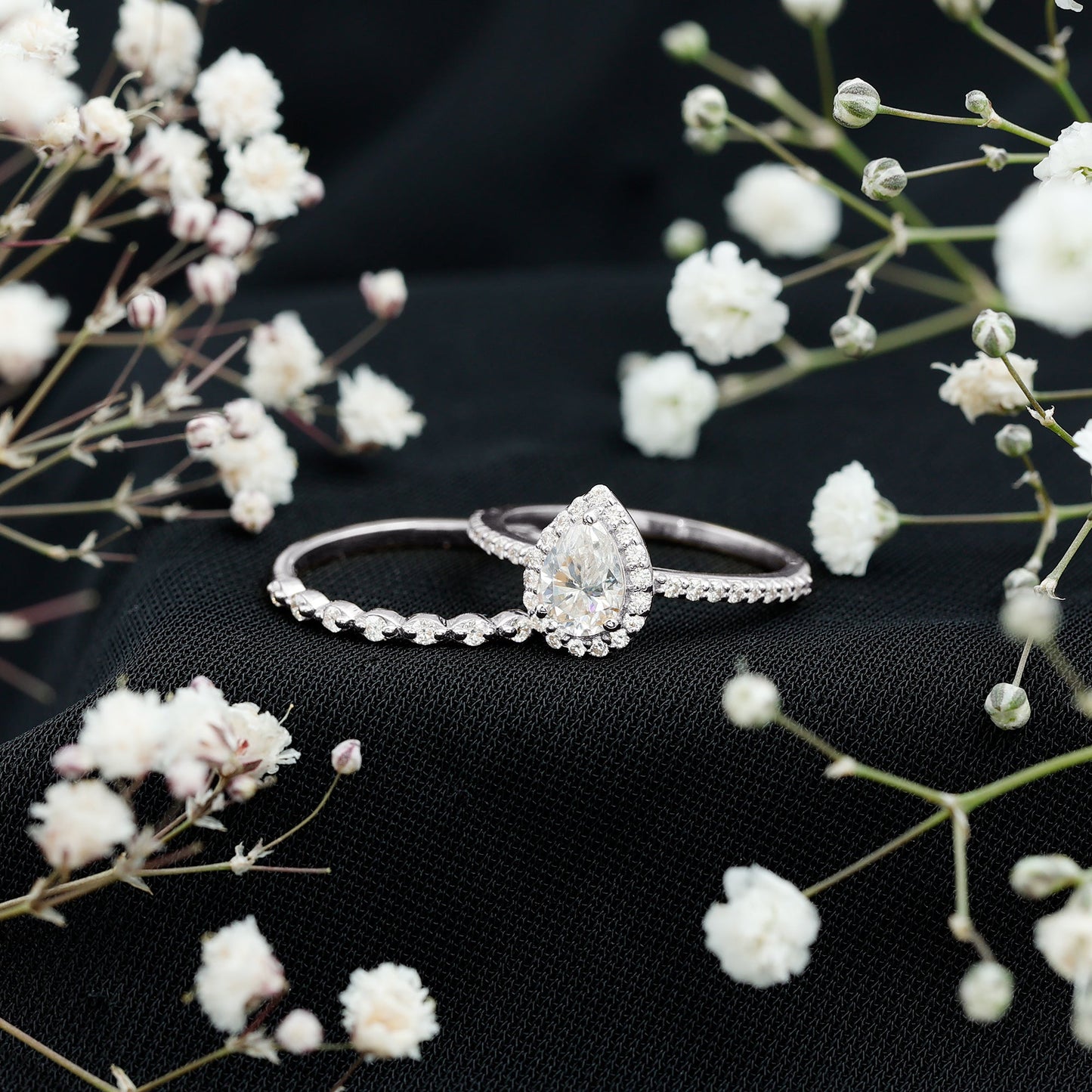 0.7 Carat Moissanite Teardrop Wedding Ring Set with Halo