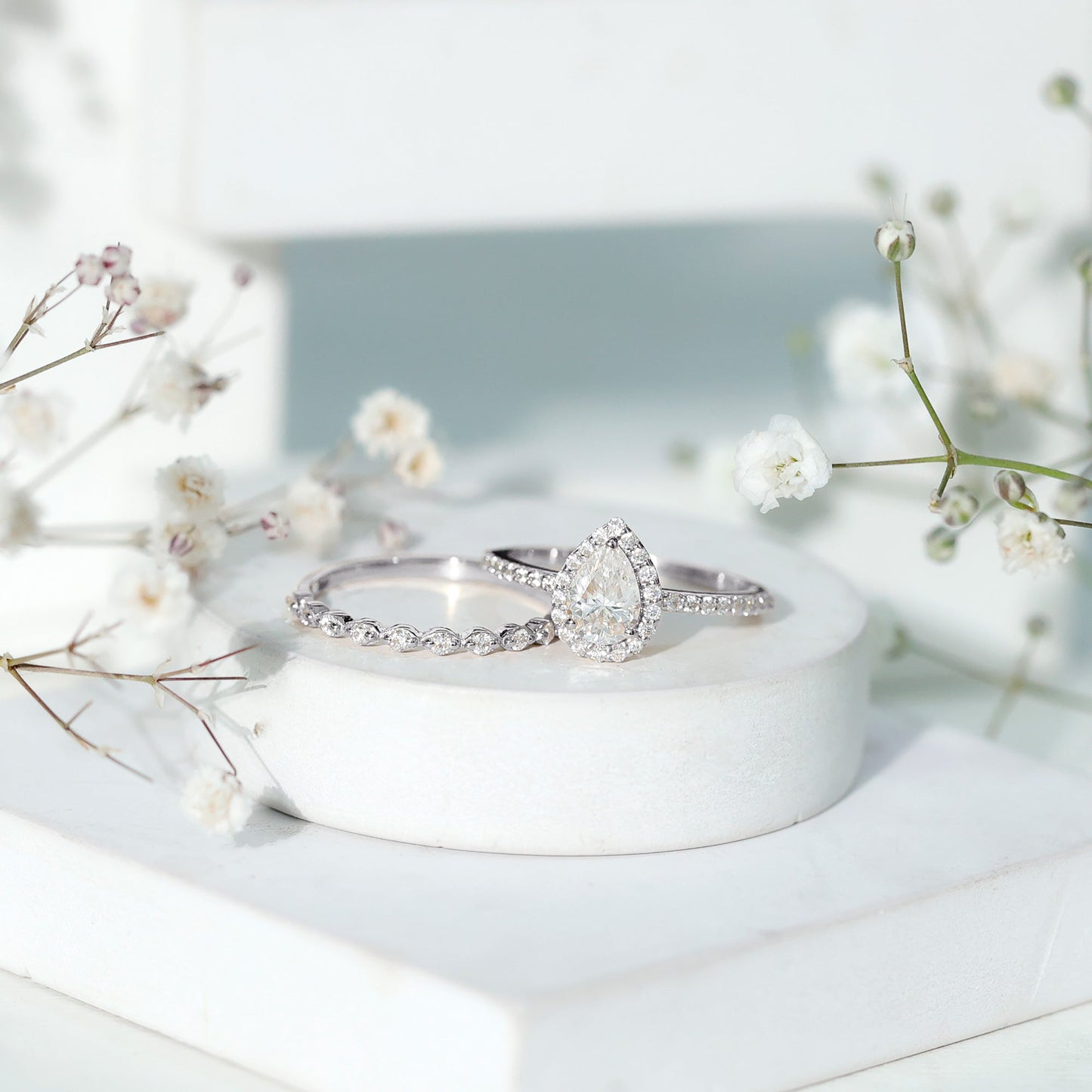 0.7 Carat Moissanite Teardrop Wedding Ring Set with Halo