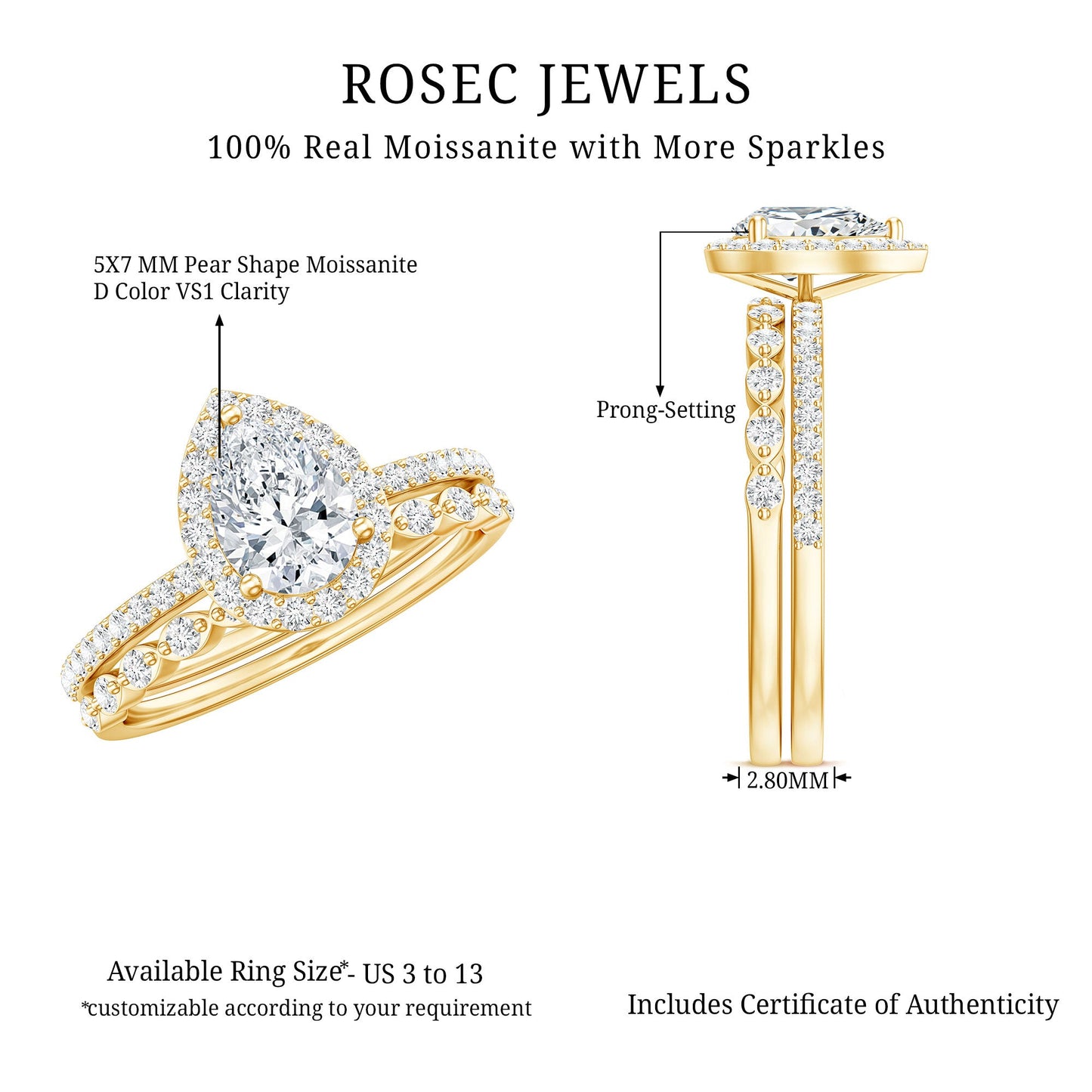 0.7 Carat Moissanite Teardrop Wedding Ring Set with Halo