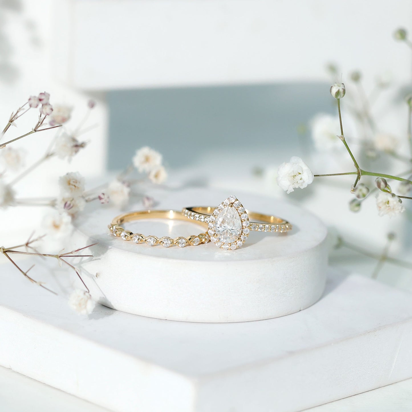 0.7 Carat Moissanite Teardrop Wedding Ring Set with Halo