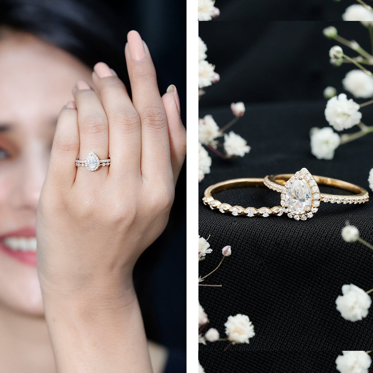 0.7 Carat Moissanite Teardrop Wedding Ring Set with Halo