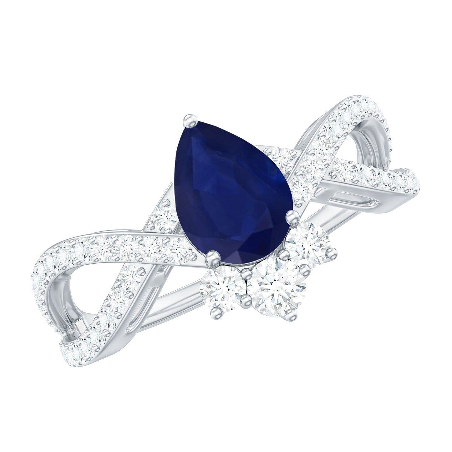 Real 0.5 Blue Sapphire Pear Shape Engagement Ring with Diamond Crossover
