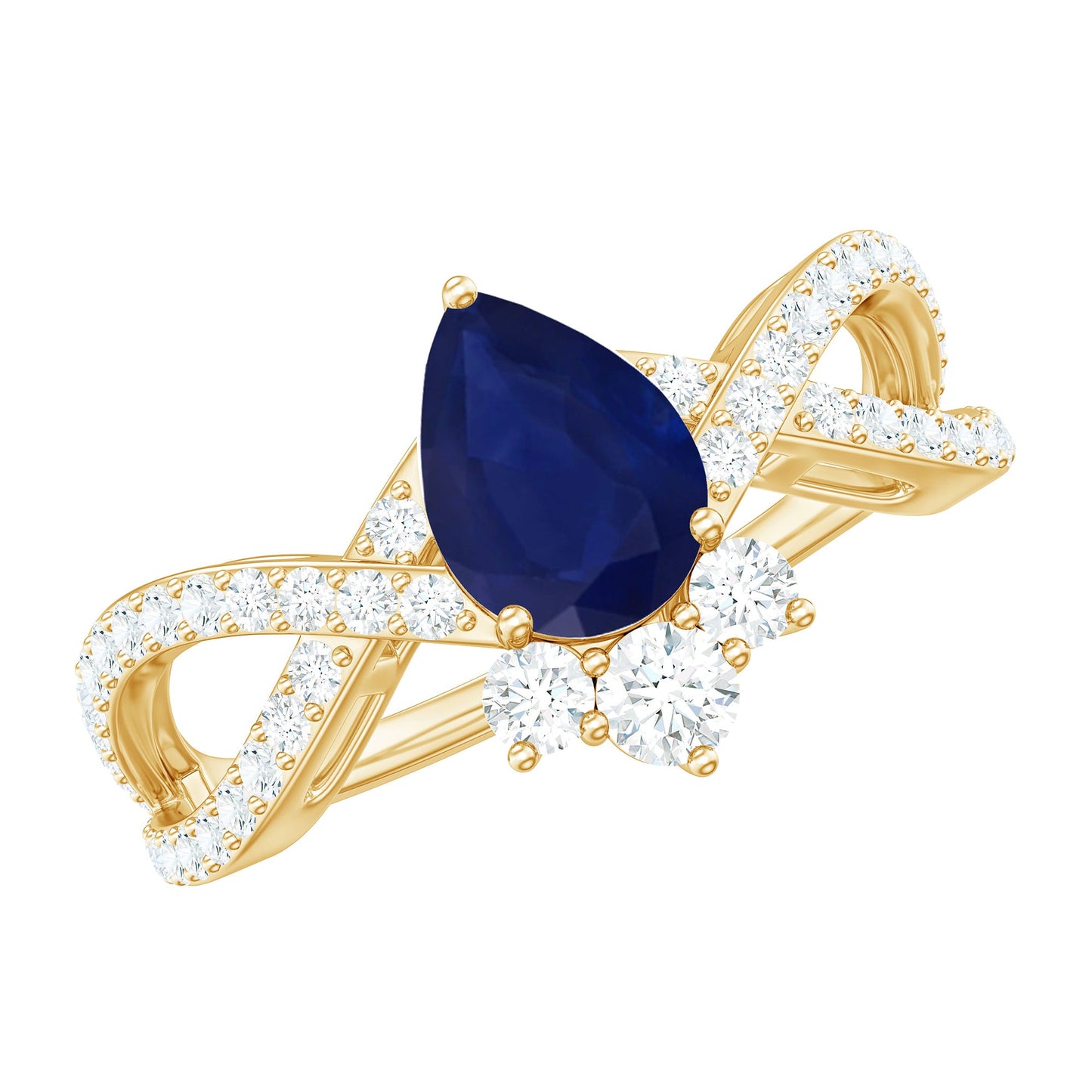 Real 0.5 Blue Sapphire Pear Shape Engagement Ring with Diamond Crossover