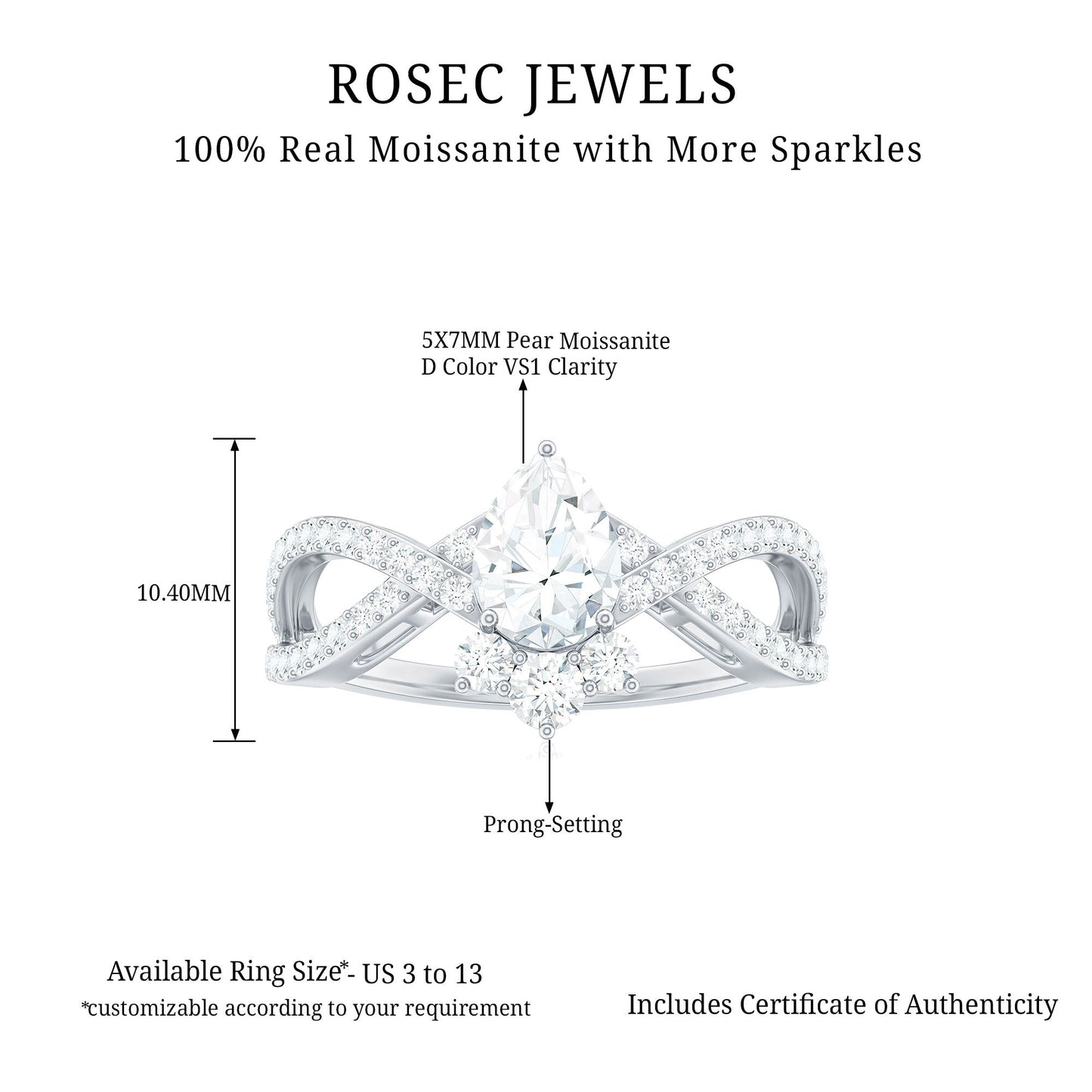 Designer Pear Shaped Moissanite Crossover Engagement Ring