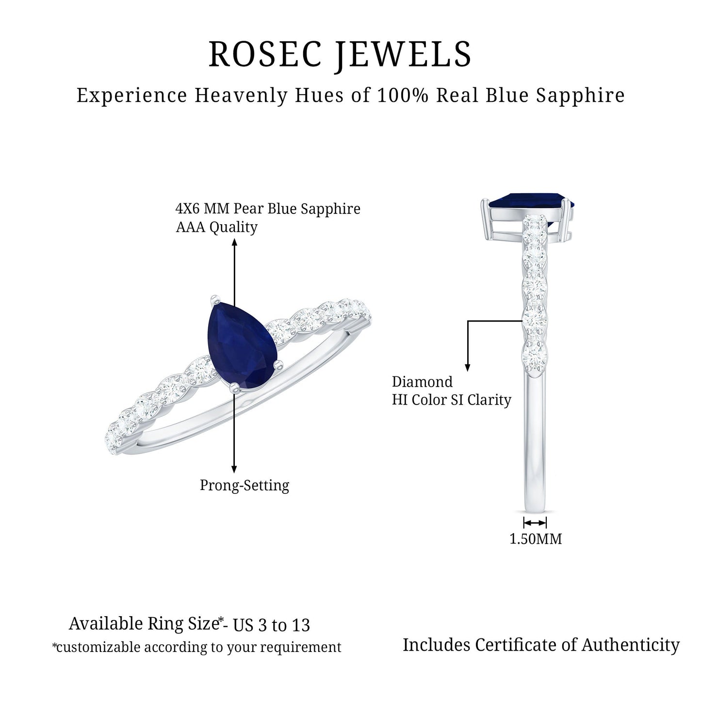 0.5 Carat Minimal Blue Sapphire Solitaire Promise Ring with Diamond