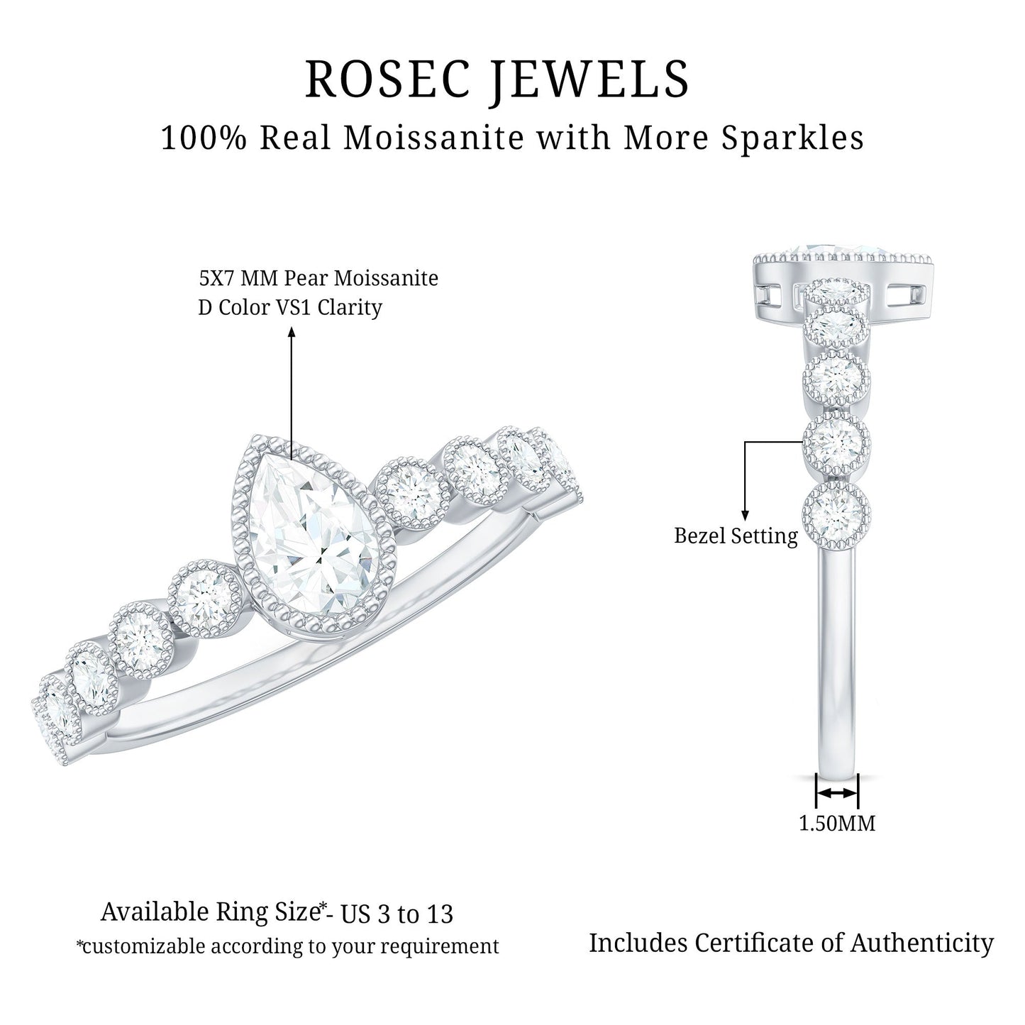 Beaded Bezel Set Moissanite Pear Engagement Ring