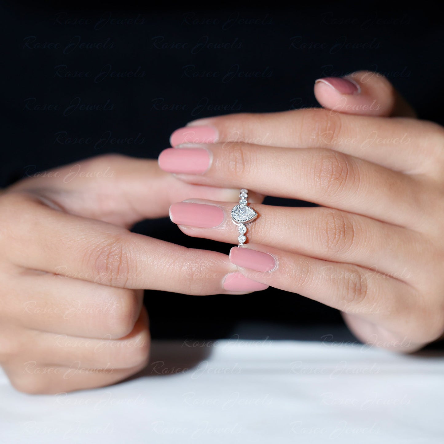 Beaded Bezel Set Moissanite Pear Engagement Ring