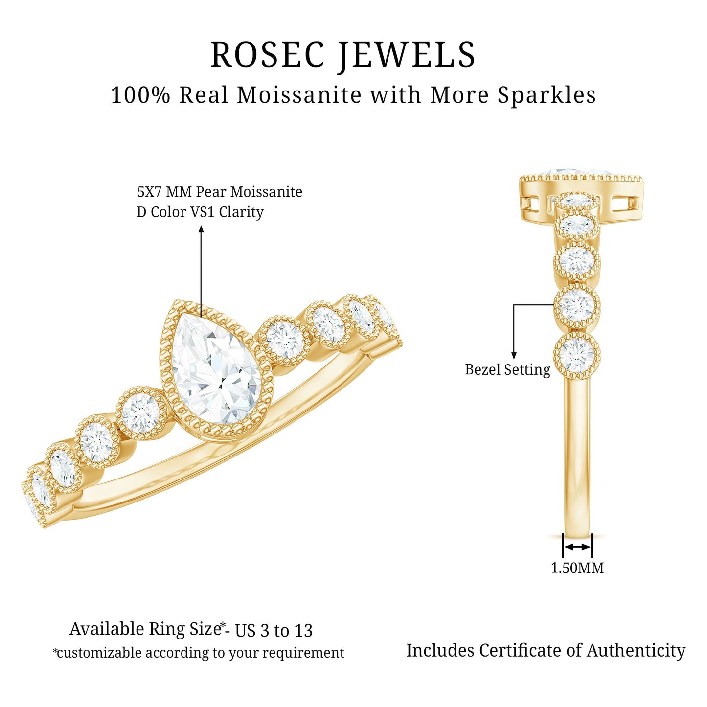 Beaded Bezel Set Moissanite Pear Engagement Ring