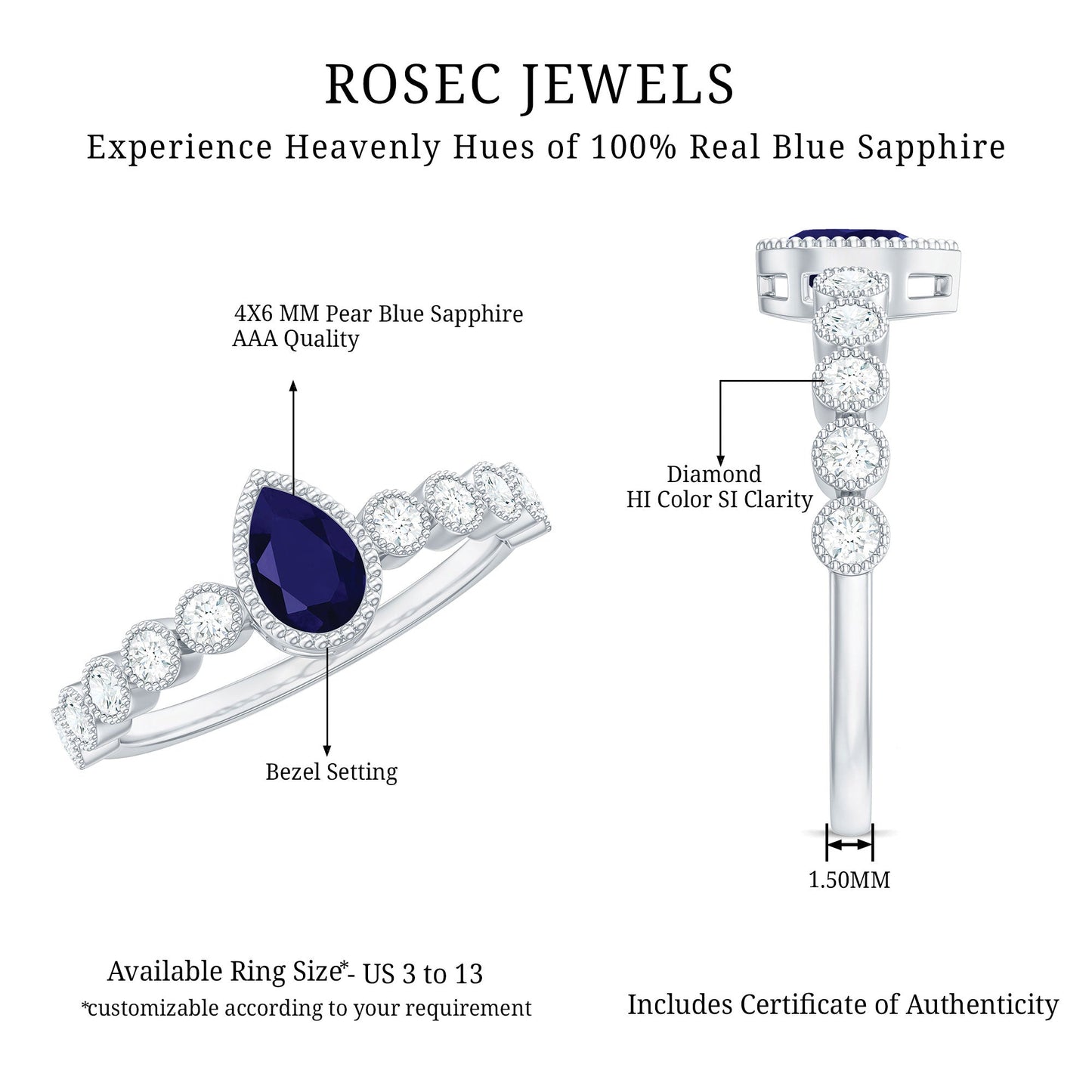 Pear Cut 0.5 Carat Blue Sapphire Engagement Ring with Diamonds