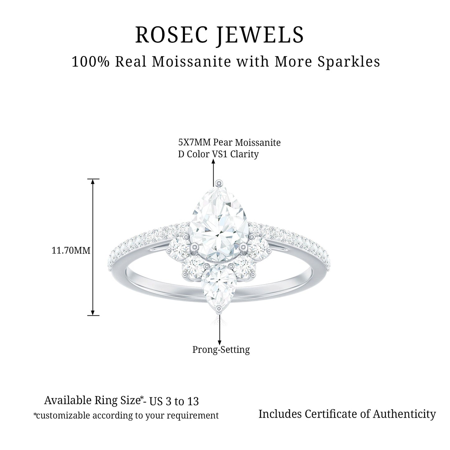 0.7 Carat Pear Shape Moissanite Crown Engagement Ring