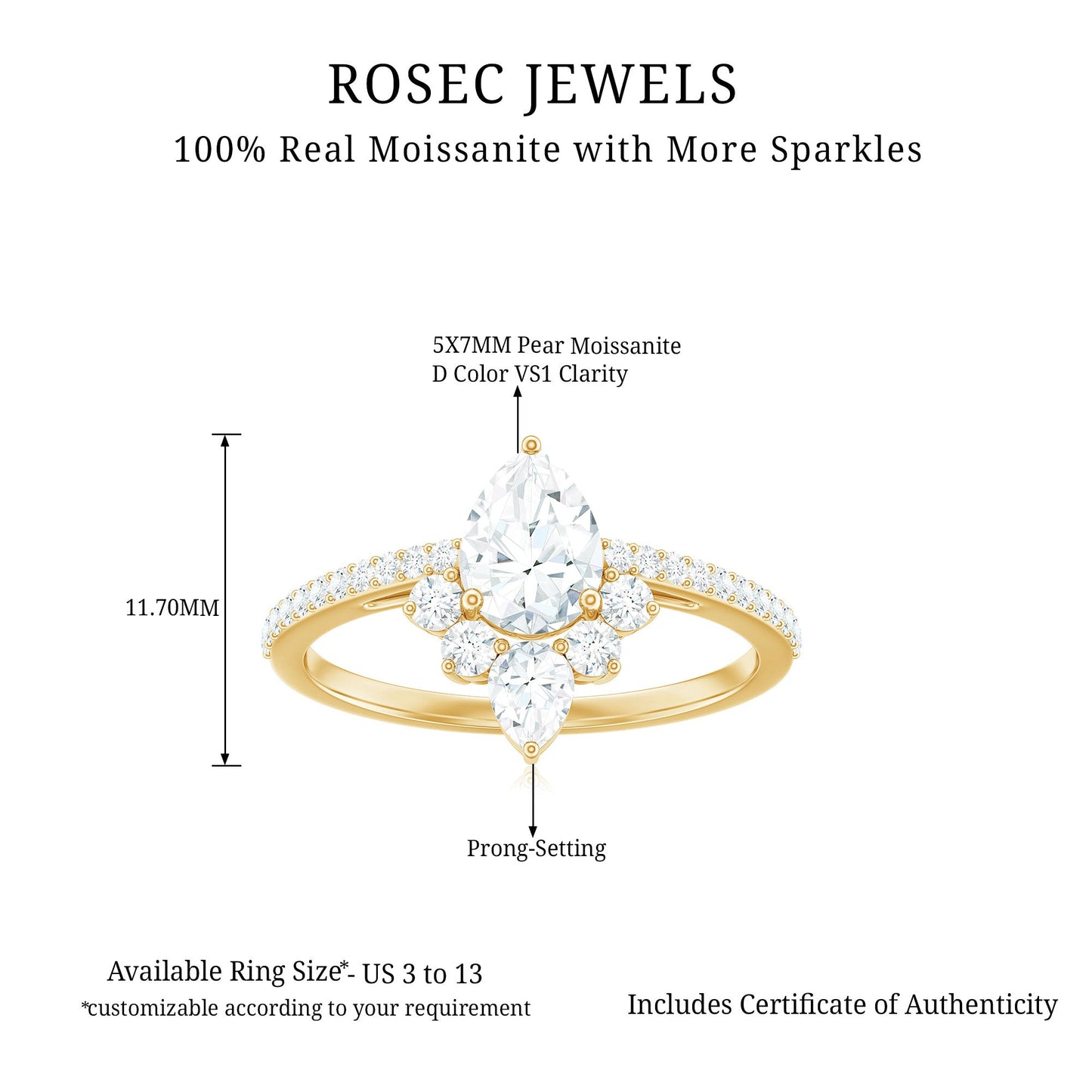 0.7 Carat Pear Shape Moissanite Crown Engagement Ring
