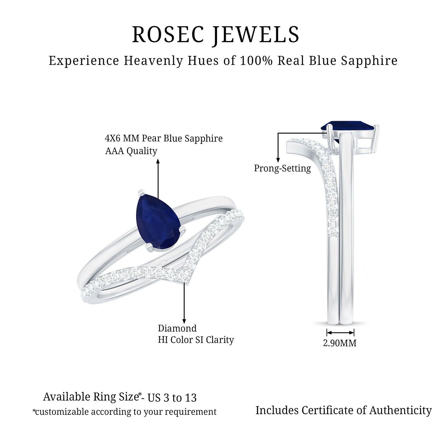 0.5 Carat Pear Cut Blue Sapphire Solitaire Ring Set with Diamond Enhancer Band