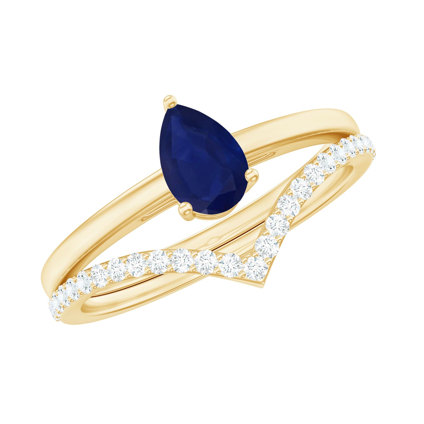 0.5 Carat Pear Cut Blue Sapphire Solitaire Ring Set with Diamond Enhancer Band