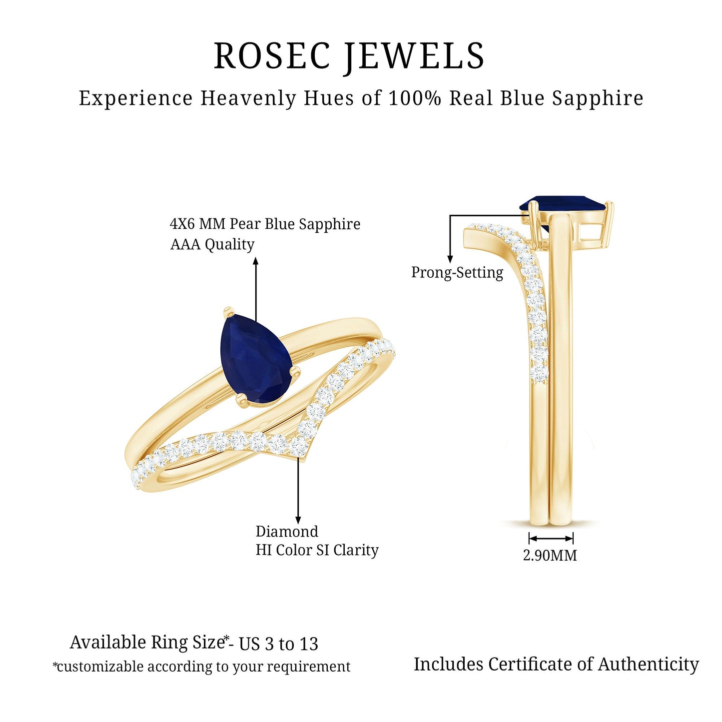 0.5 Carat Pear Cut Blue Sapphire Solitaire Ring Set with Diamond Enhancer Band