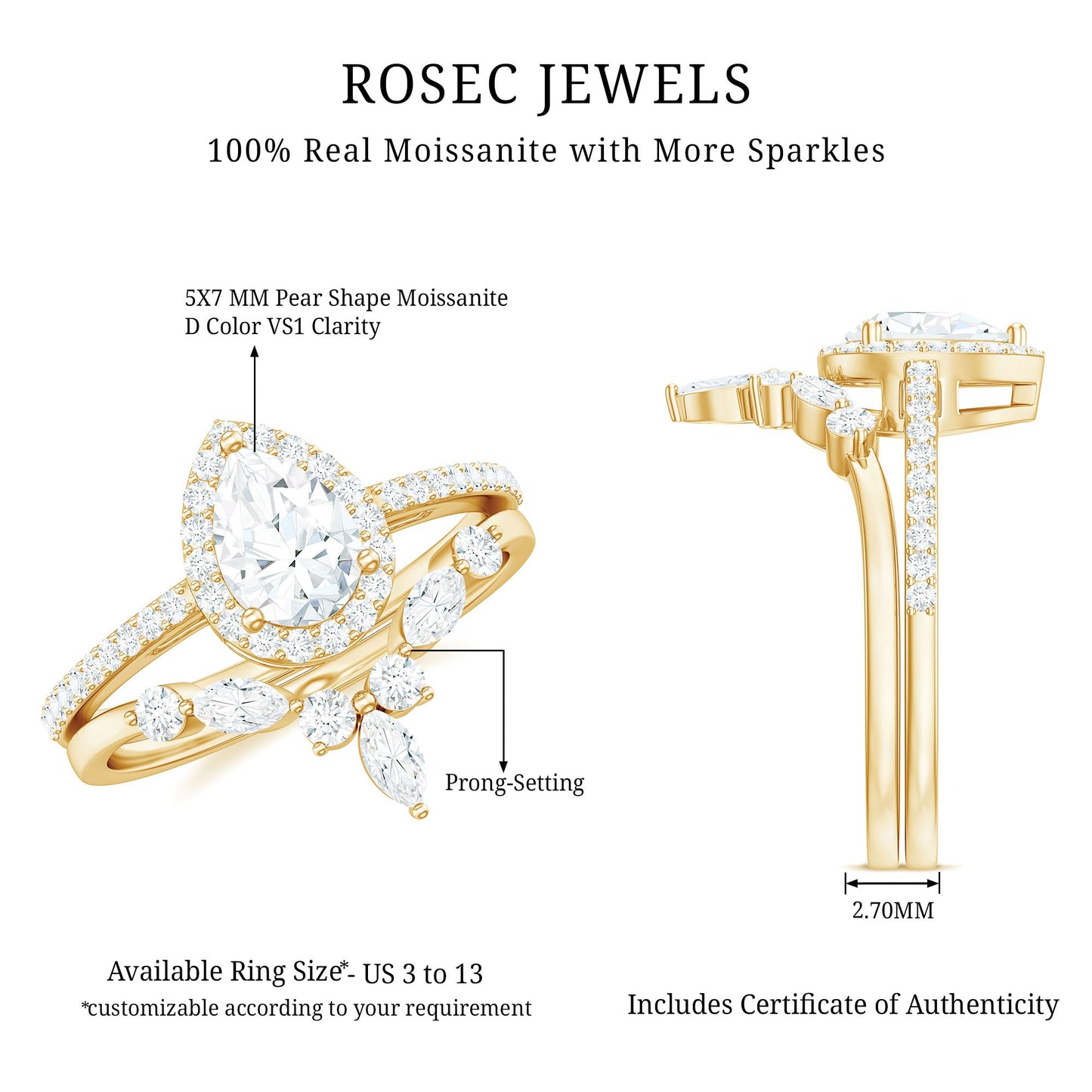 Pear Cut Moissanite Halo Bridal Ring Set with Certificate