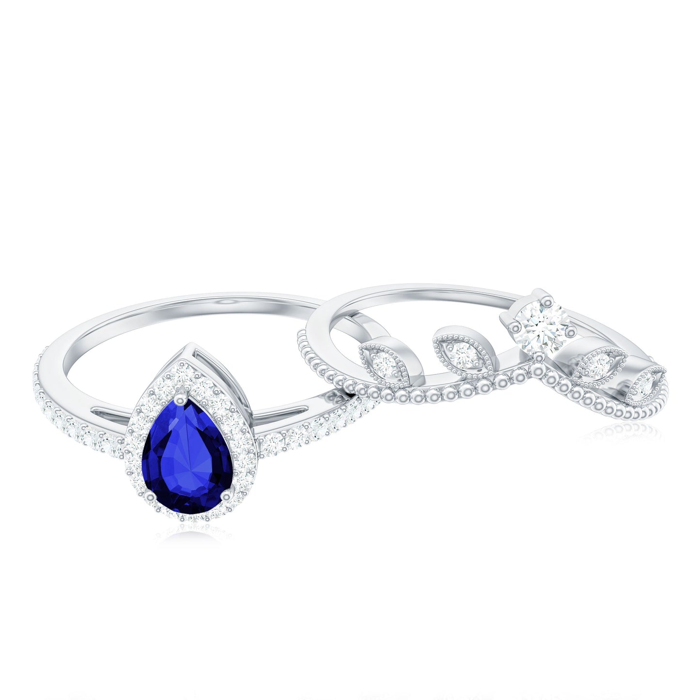 Lab Grown Blue Sapphire Pear Shaped Engagement Ring Set with Diamond