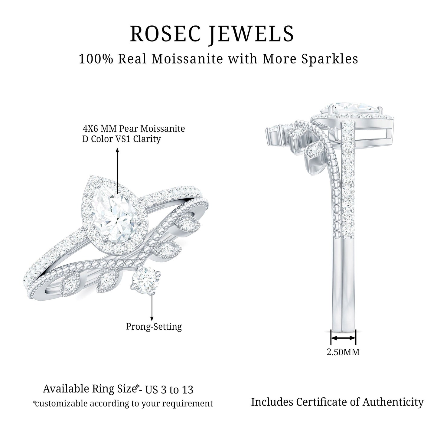 Vintage Style Moissanite Teardrop Wedding Ring Set