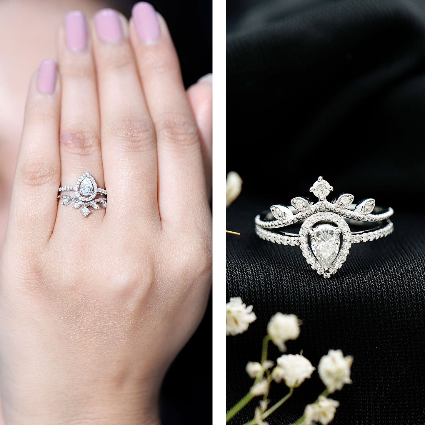 Vintage Style Moissanite Teardrop Wedding Ring Set
