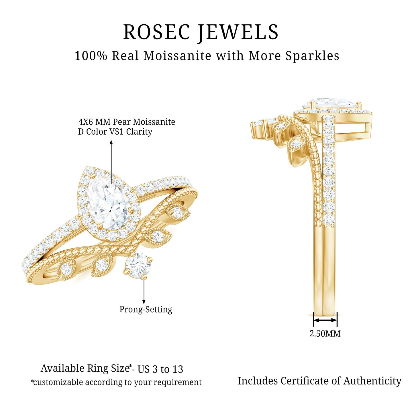 Vintage Style Moissanite Teardrop Wedding Ring Set