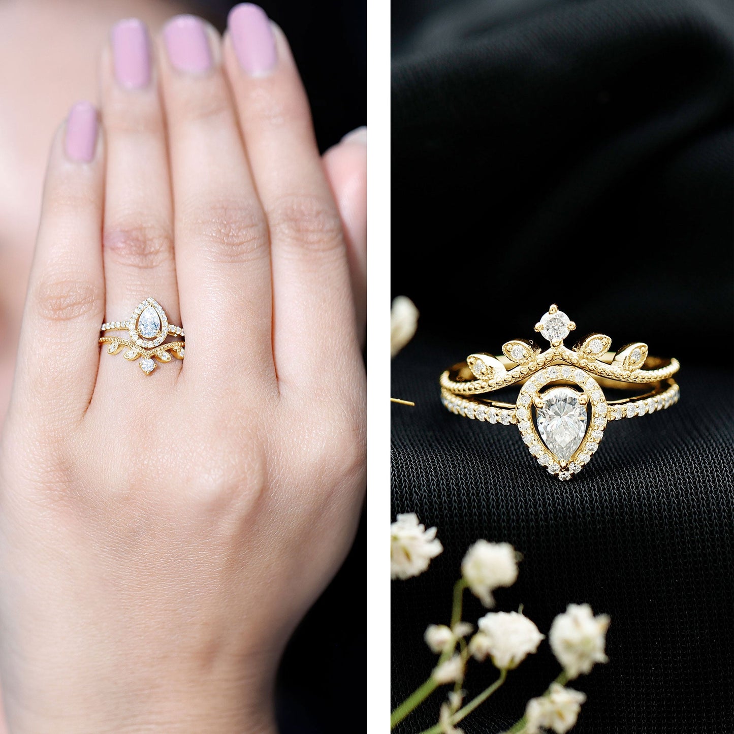 Vintage Style Moissanite Teardrop Wedding Ring Set