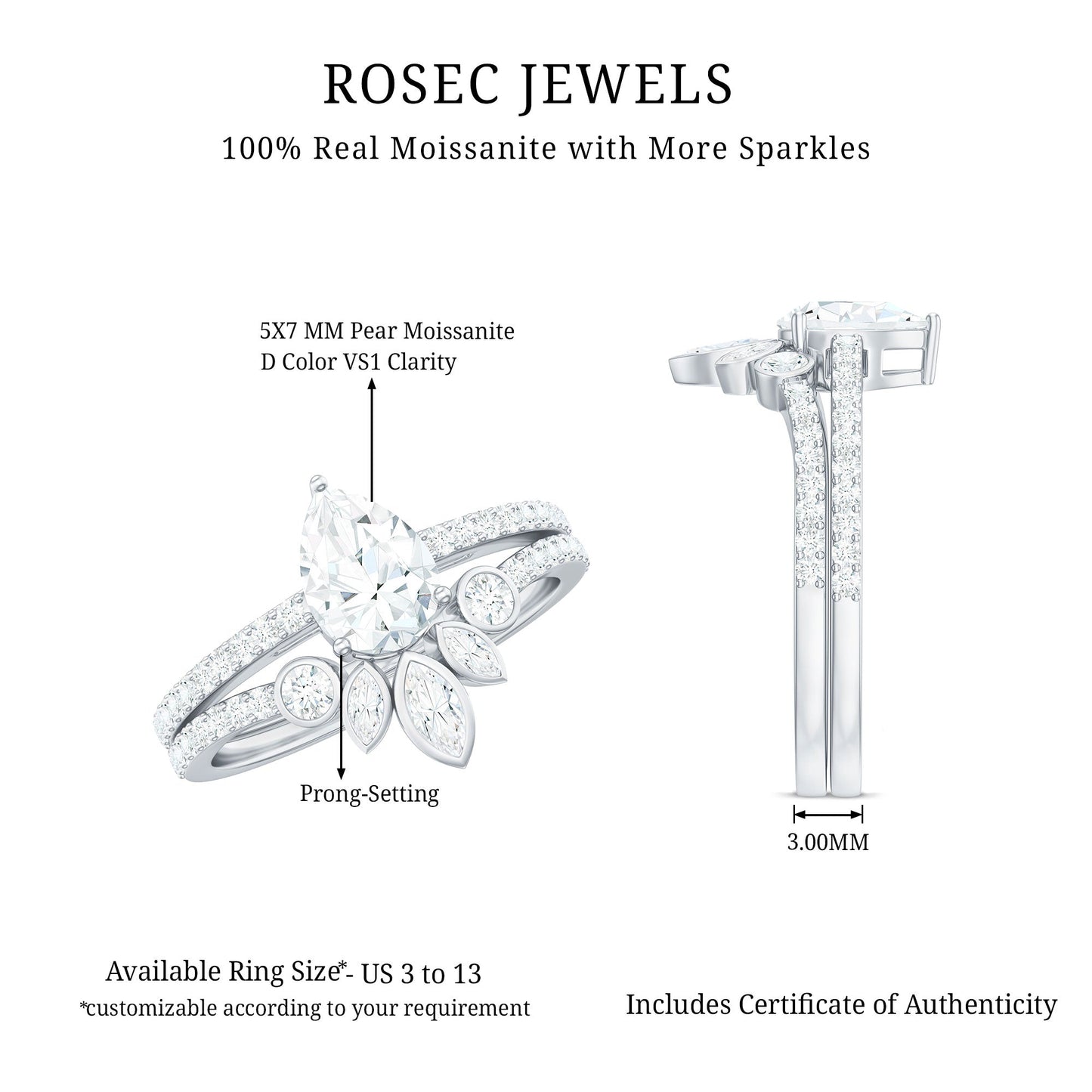 Pear Cut Moissanite Solitaire Bridal Ring Set with Certificate