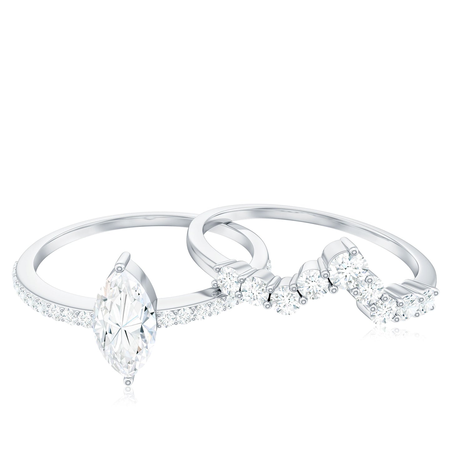 Marquise Cut Moissanite Engagement Ring with V-Shaped Wedding Band