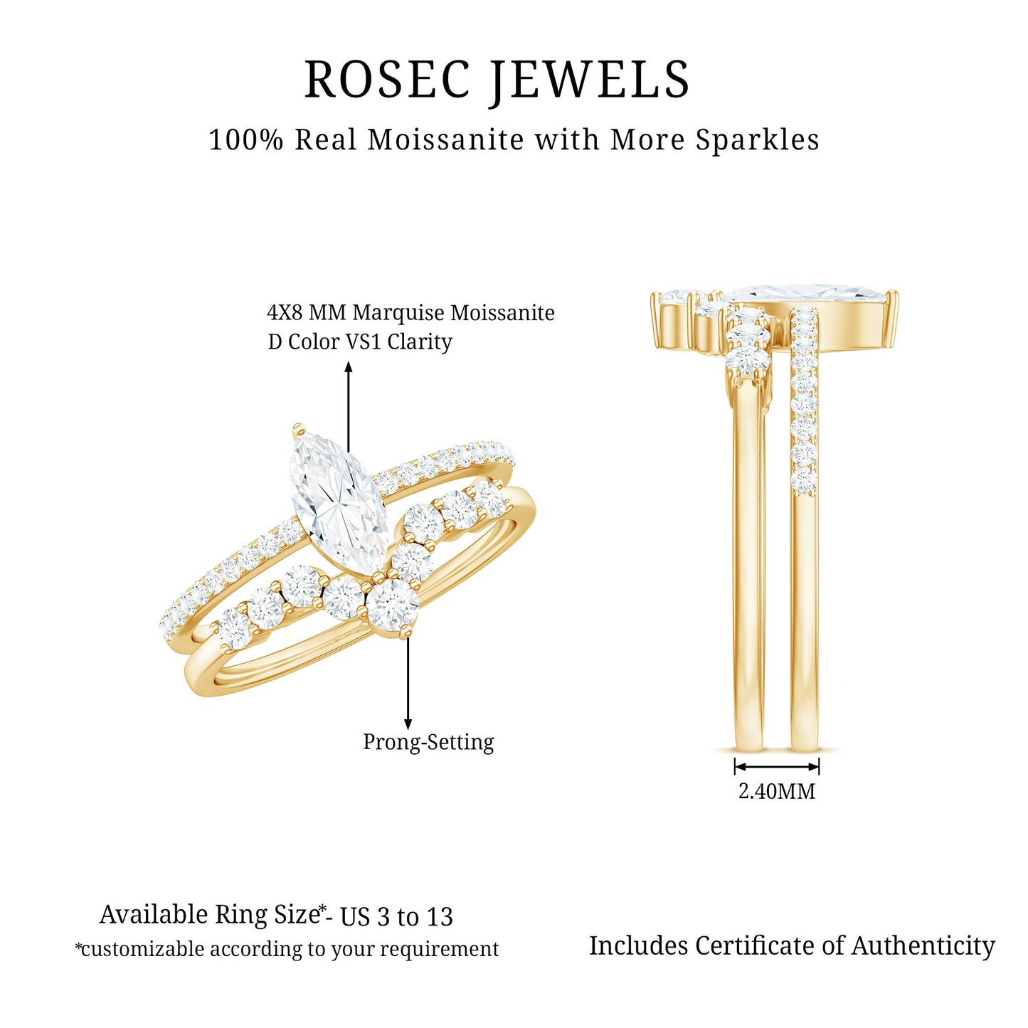 Marquise Cut Moissanite Engagement Ring with V-Shaped Wedding Band