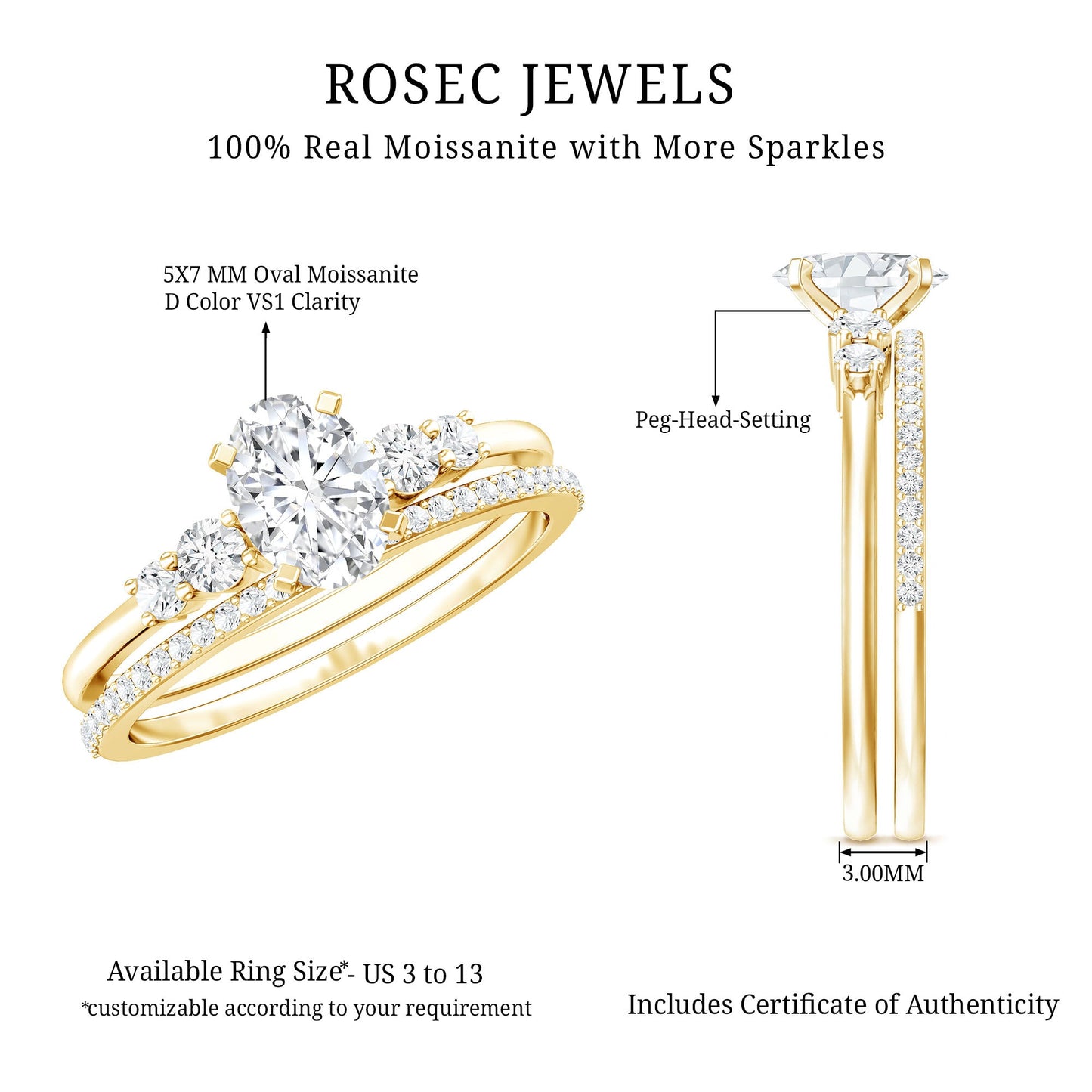 Certified Moissanite Oval Engagement Ring with Wedding Band