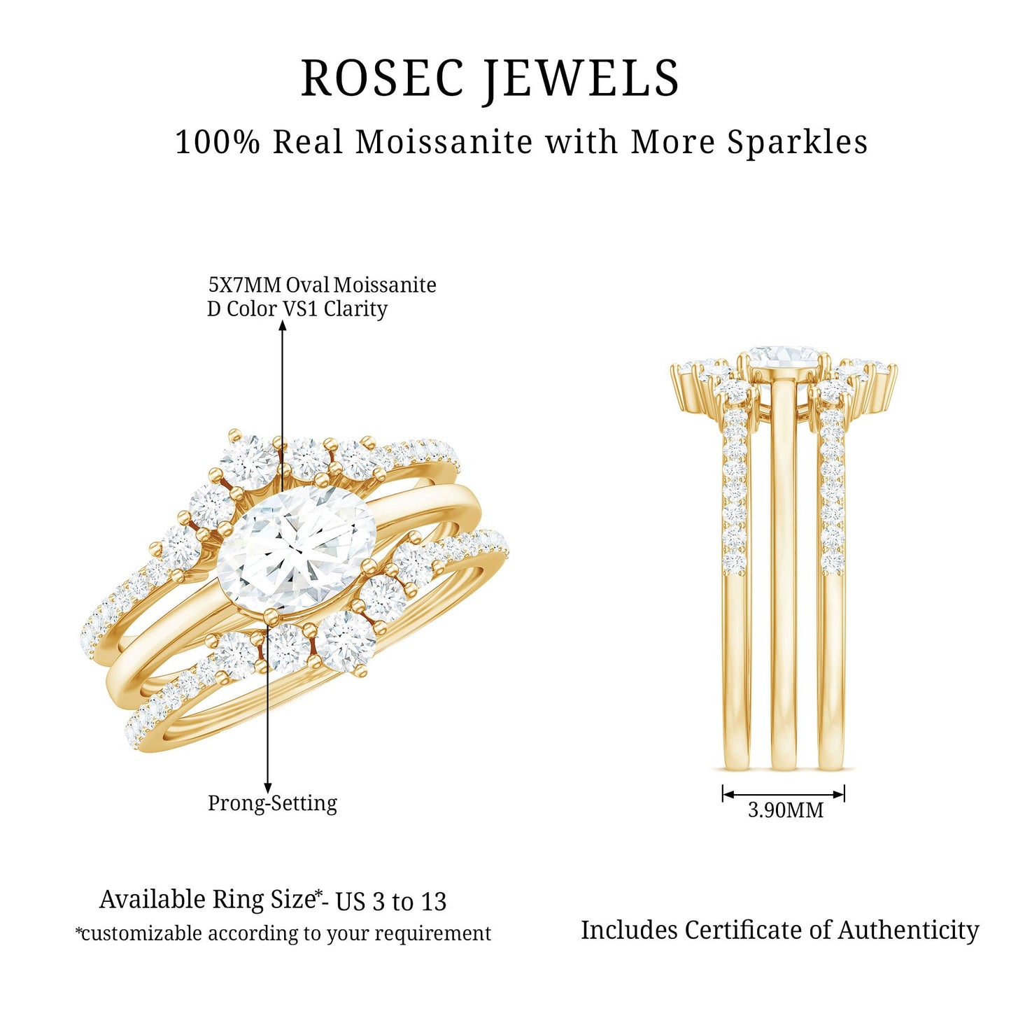 Brilliant Cut Moissanite Trio Wedding Ring Set with Certificate
