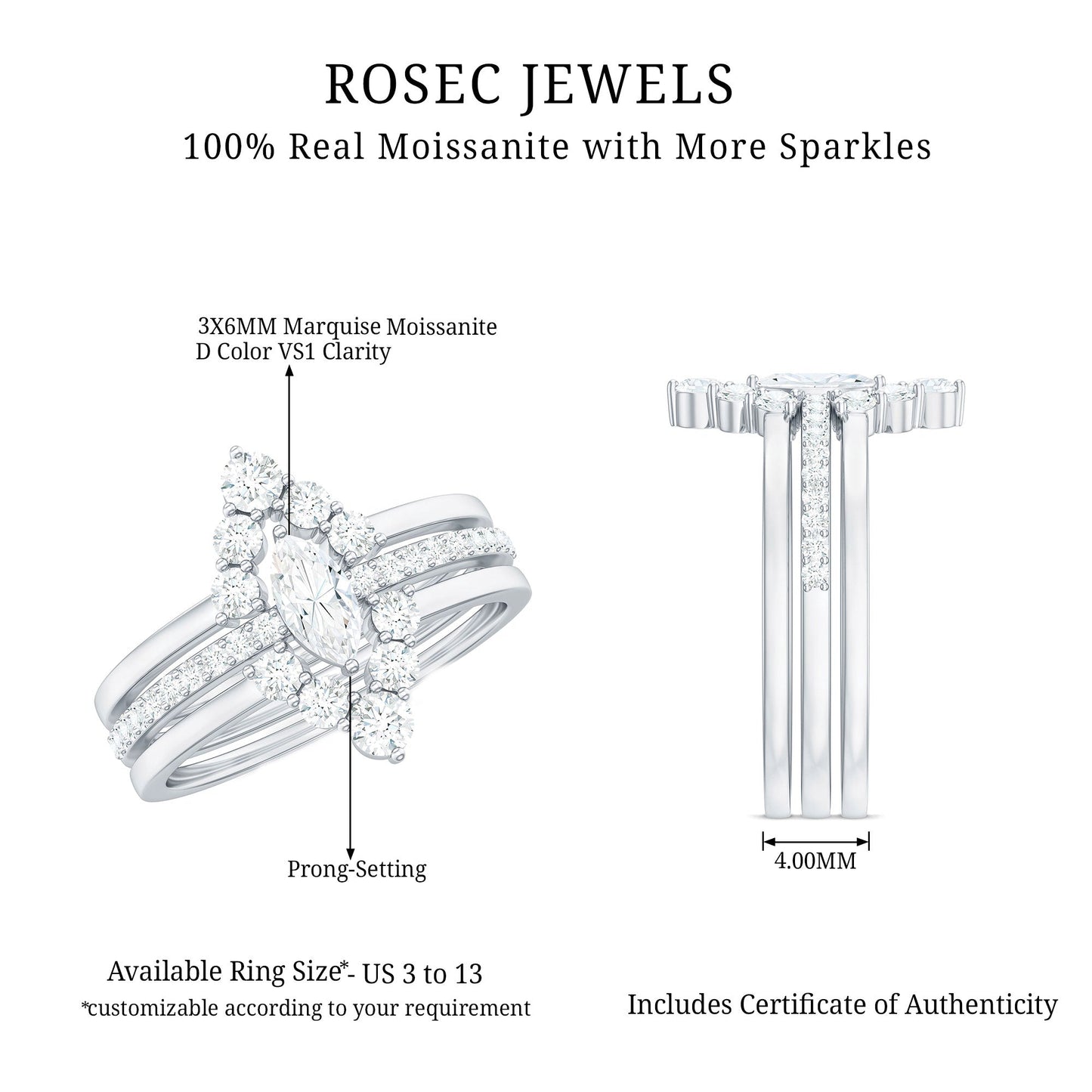 Marquise Cut Moissanite Solitaire Trio Ring Set