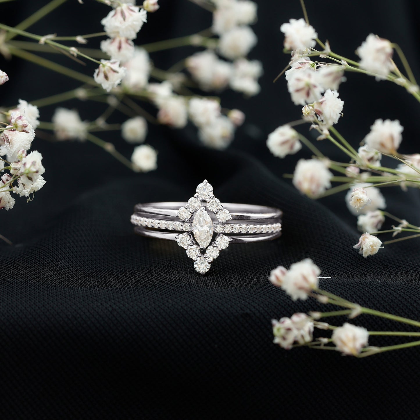 Marquise Cut Moissanite Solitaire Trio Ring Set