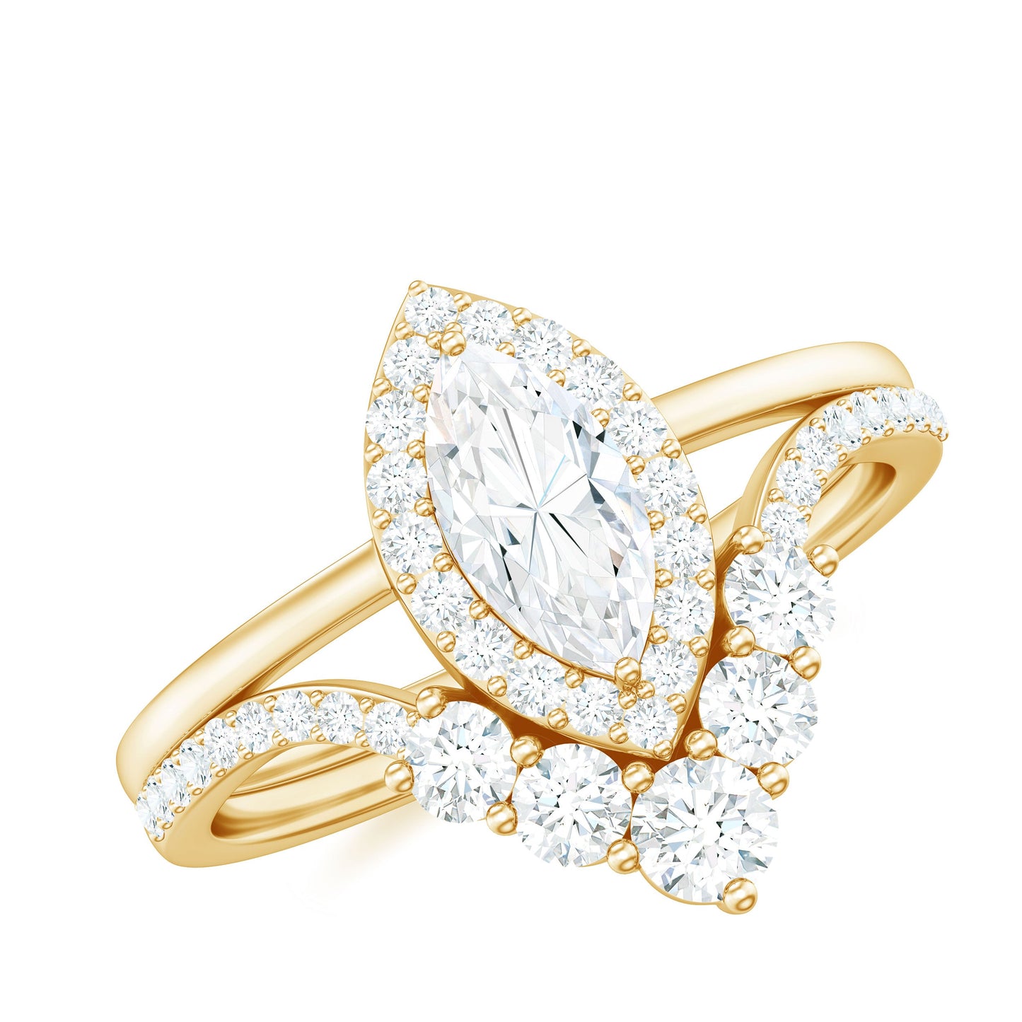 Marquise Cut Moissanite Halo Engagement Ring with Chevron Wedding Band