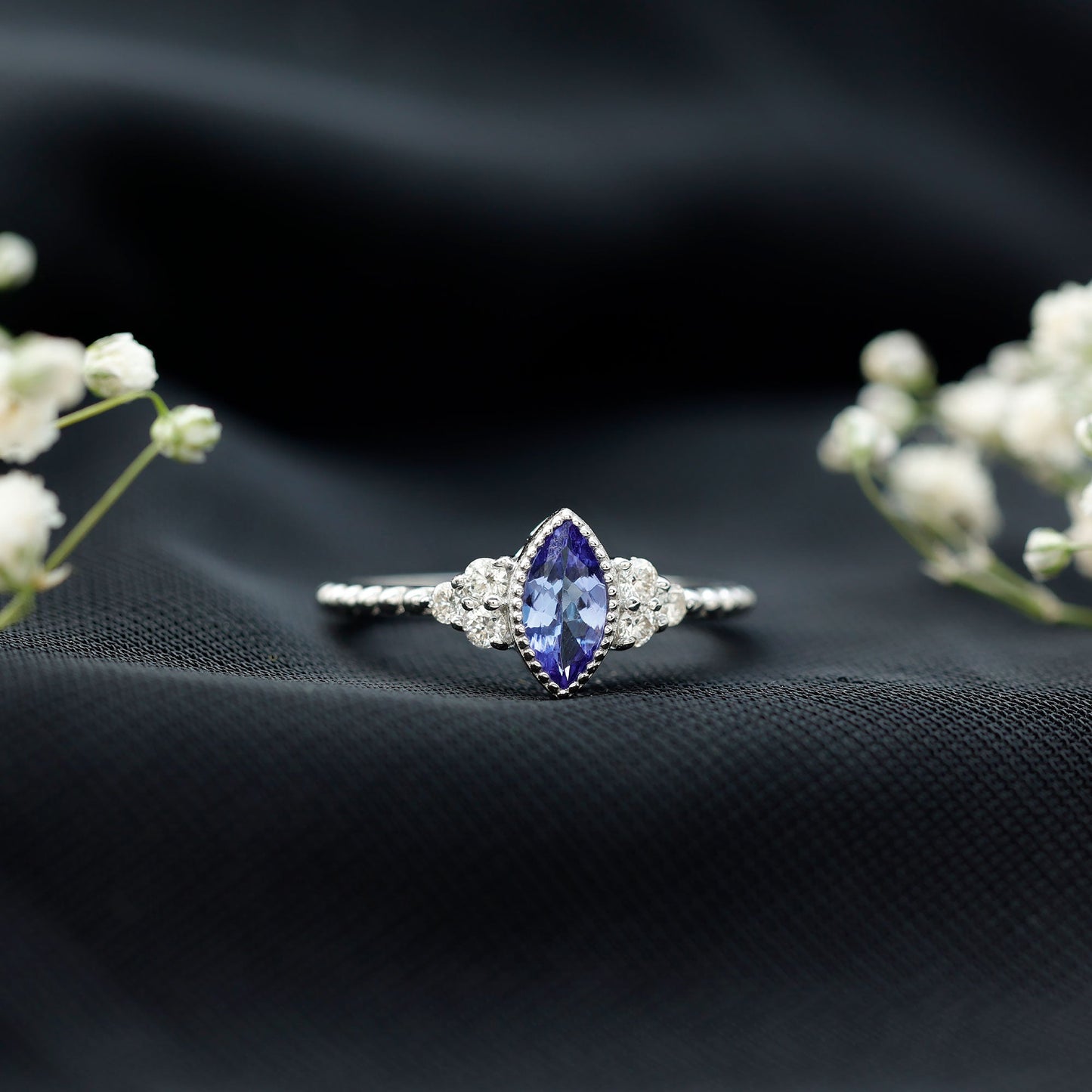 Vintage Style Marquise Tanzanite Promise Ring with Diamond Trio