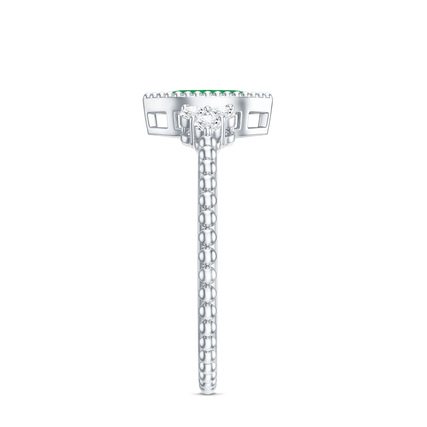 Vintage Inspired Emerald Promise Engagement Ring with Trio Diamond