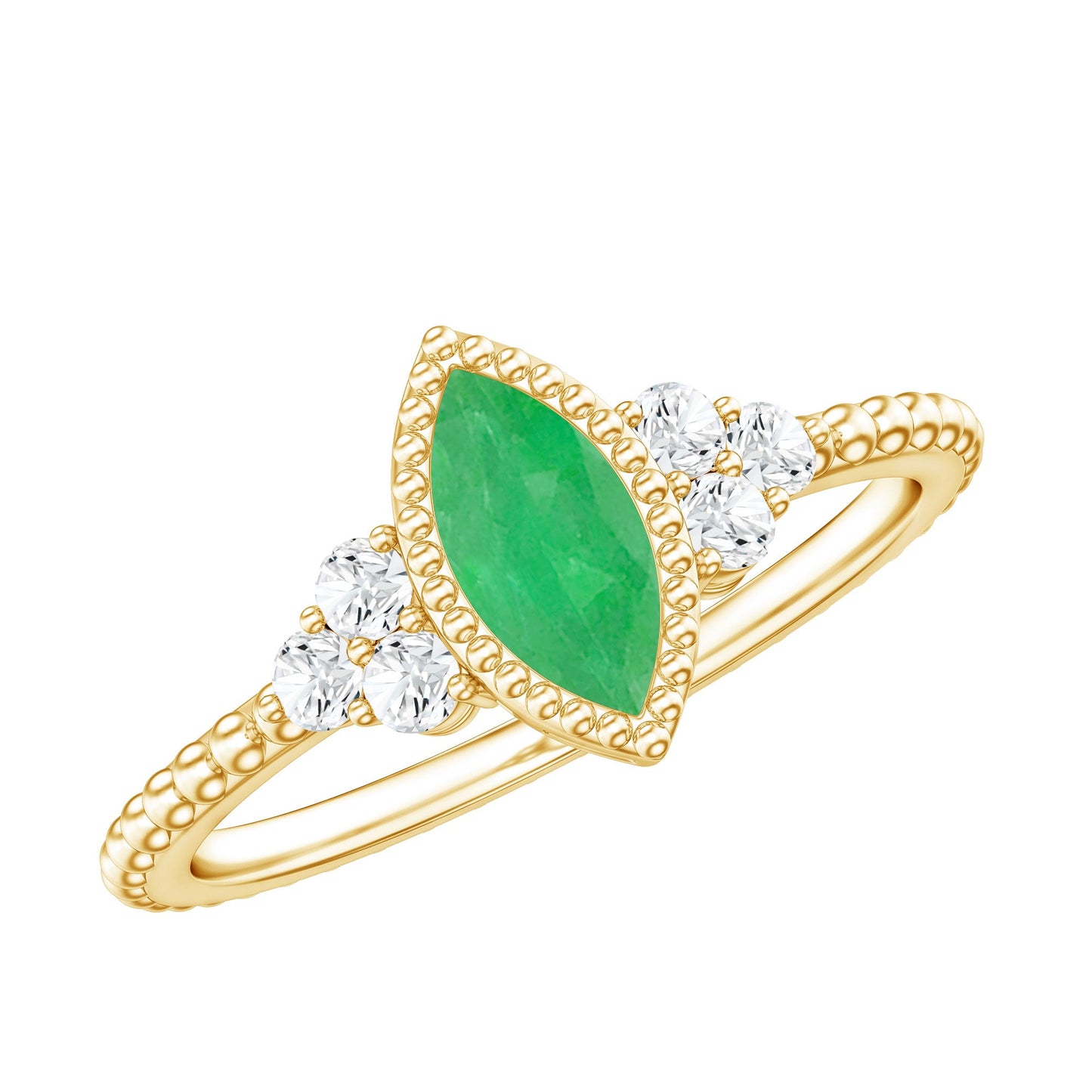 Vintage Inspired Emerald Promise Engagement Ring with Trio Diamond