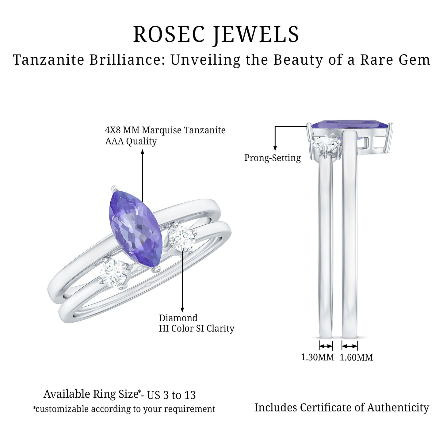 Natural 0.6 Carat Marquise Tanzanite Diamond Promise Ring Set of 2