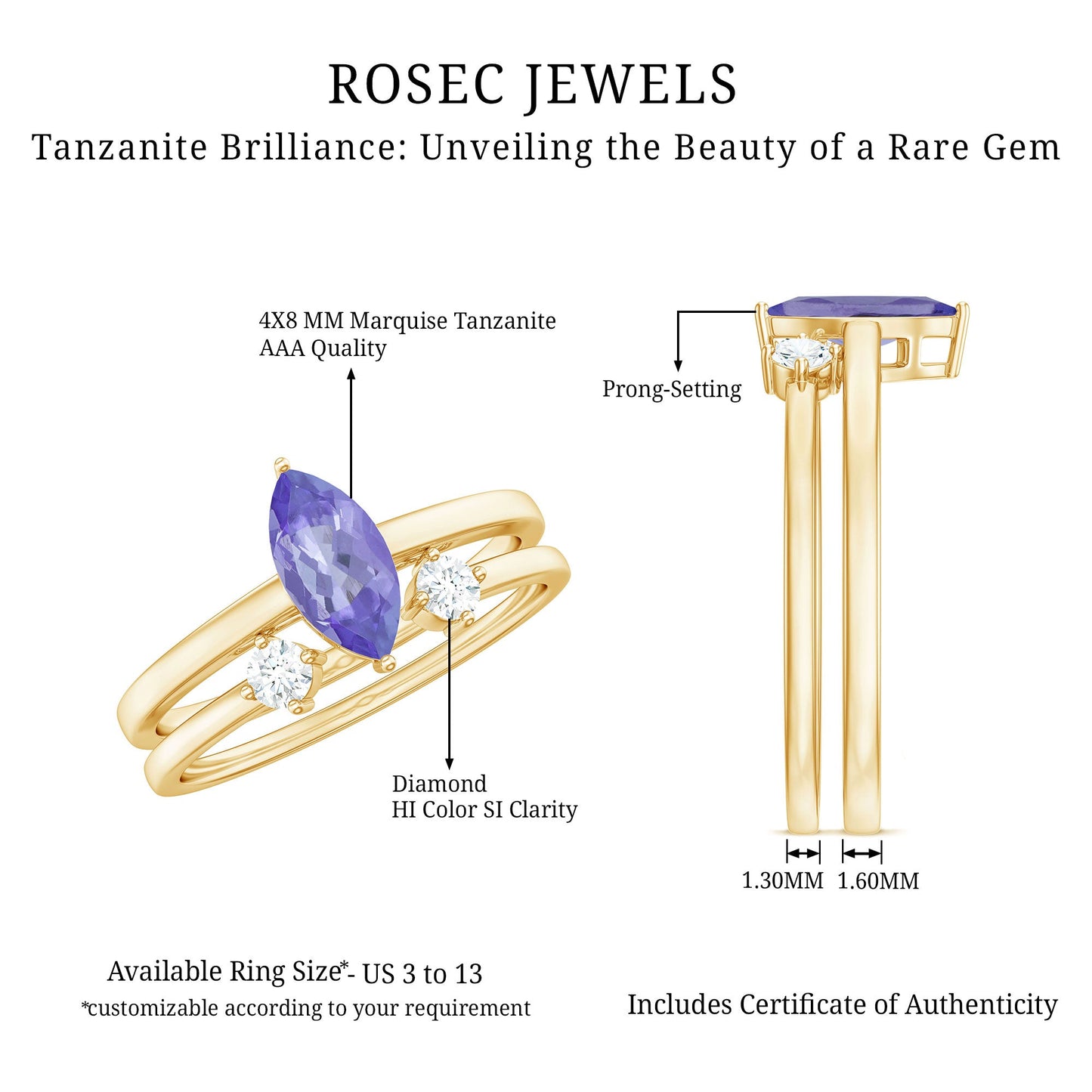 Natural 0.6 Carat Marquise Tanzanite Diamond Promise Ring Set of 2