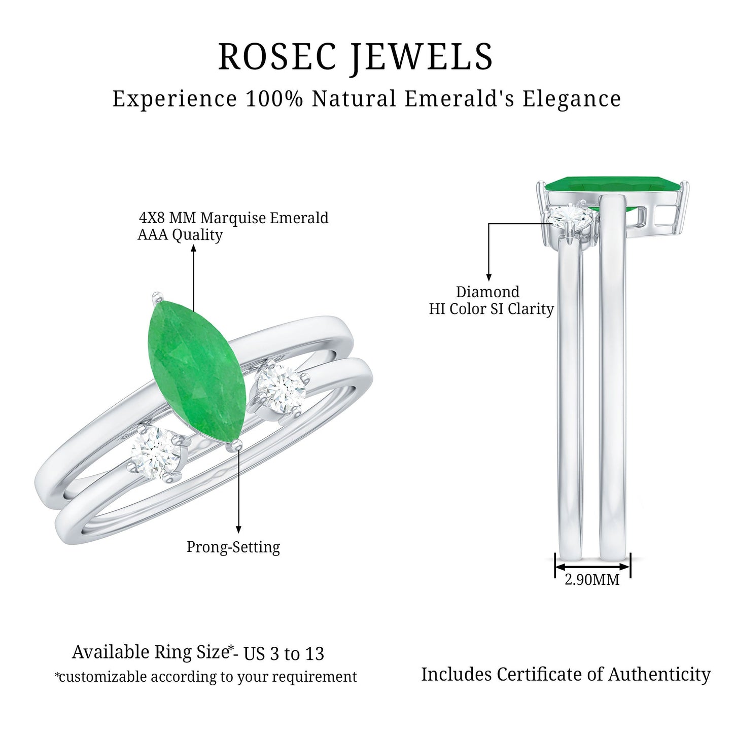 Natural 0.8 Carat Marquise Emerald Diamond Promise Ring Set of 2