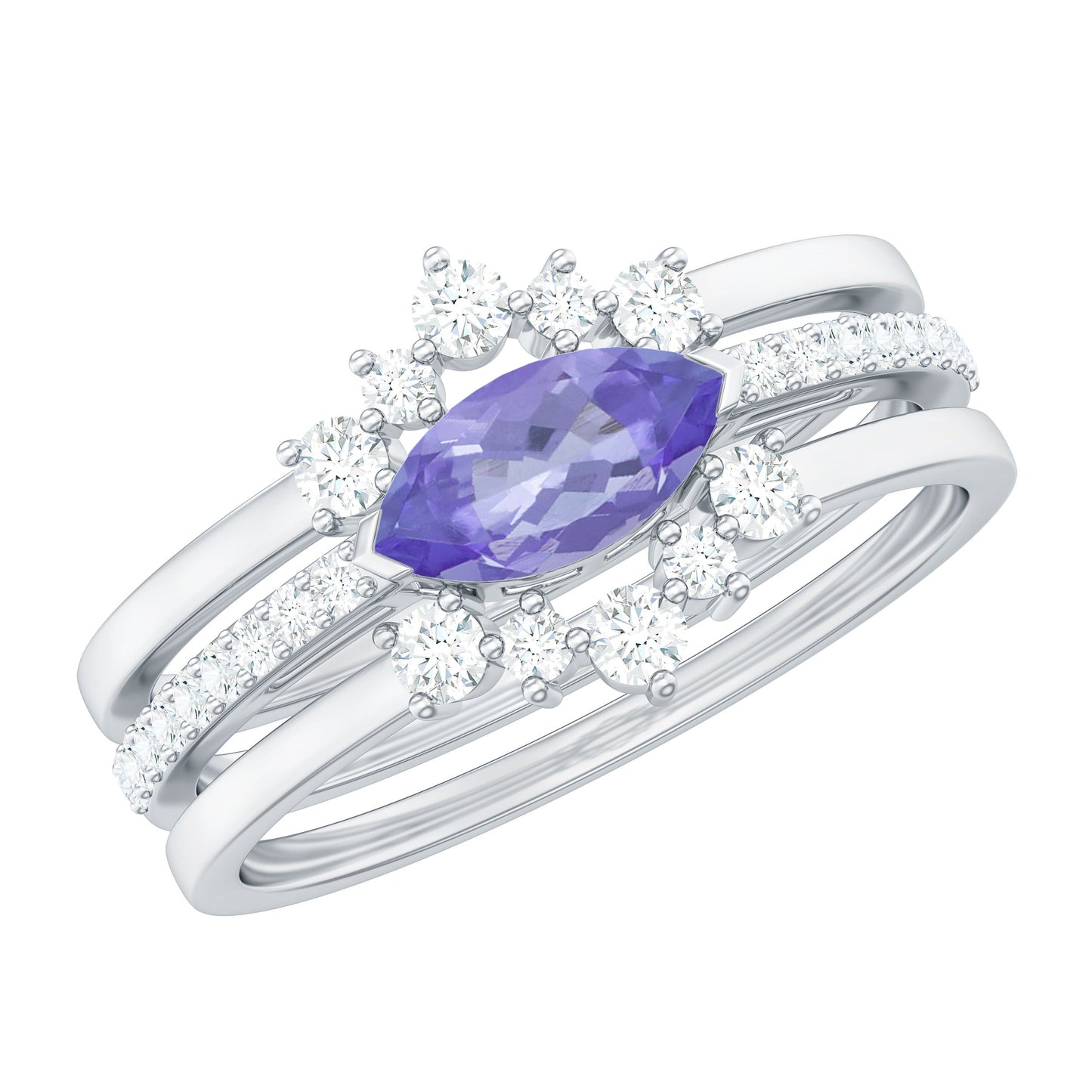 Certified 0.6 Carat Real Marquise Tanzanite 3 Piece Wedding Ring Set with Diamond