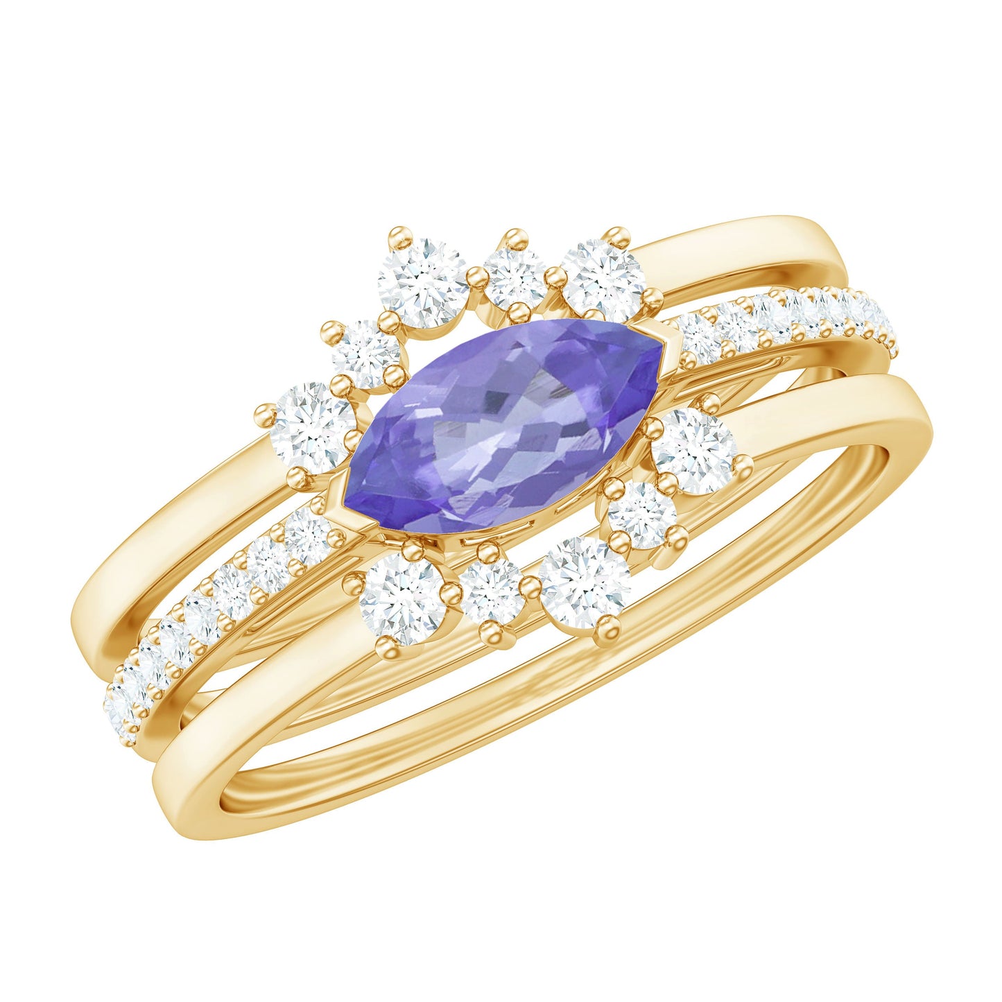 Certified 0.6 Carat Real Marquise Tanzanite 3 Piece Wedding Ring Set with Diamond