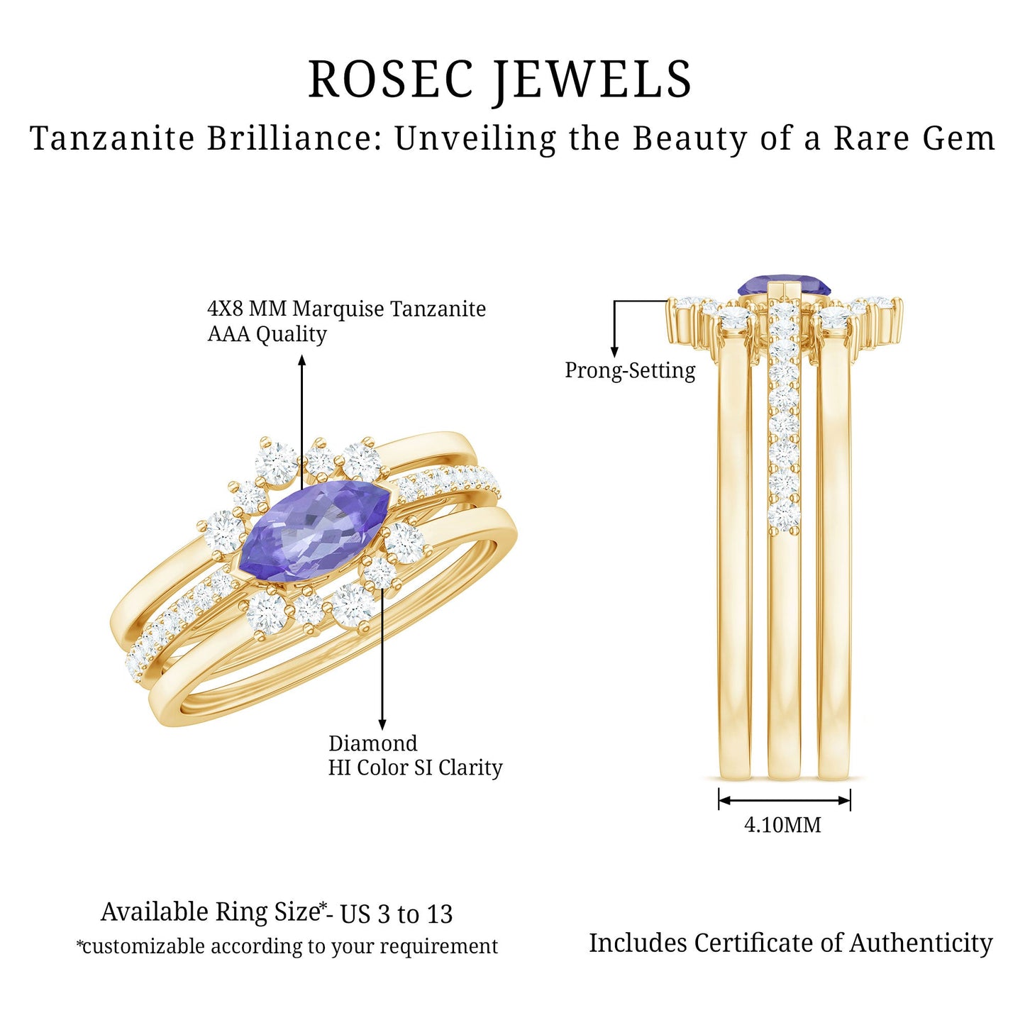 Certified 0.6 Carat Real Marquise Tanzanite 3 Piece Wedding Ring Set with Diamond