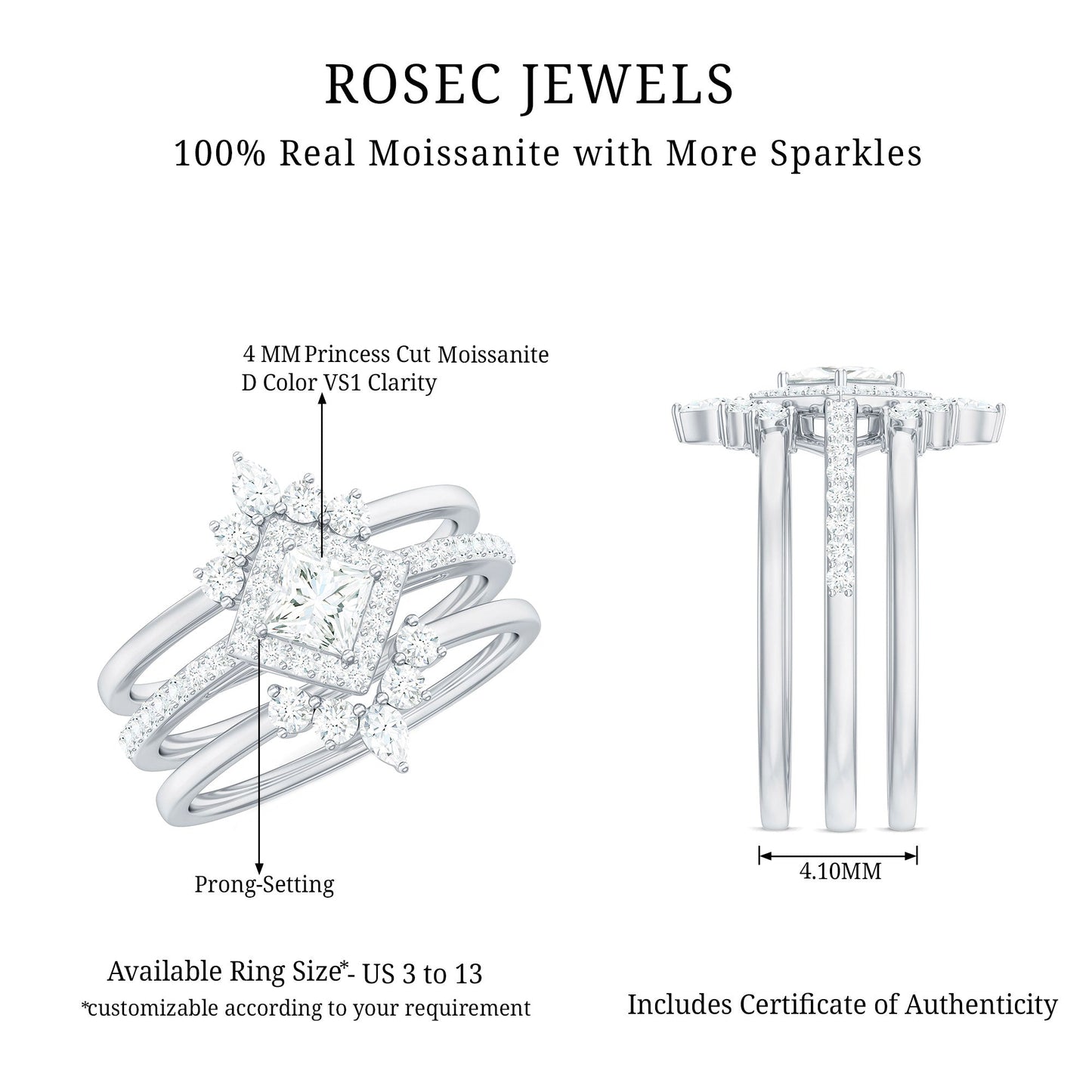Princess Cut Moissanite Trio Bridal Ring Set with Certificate